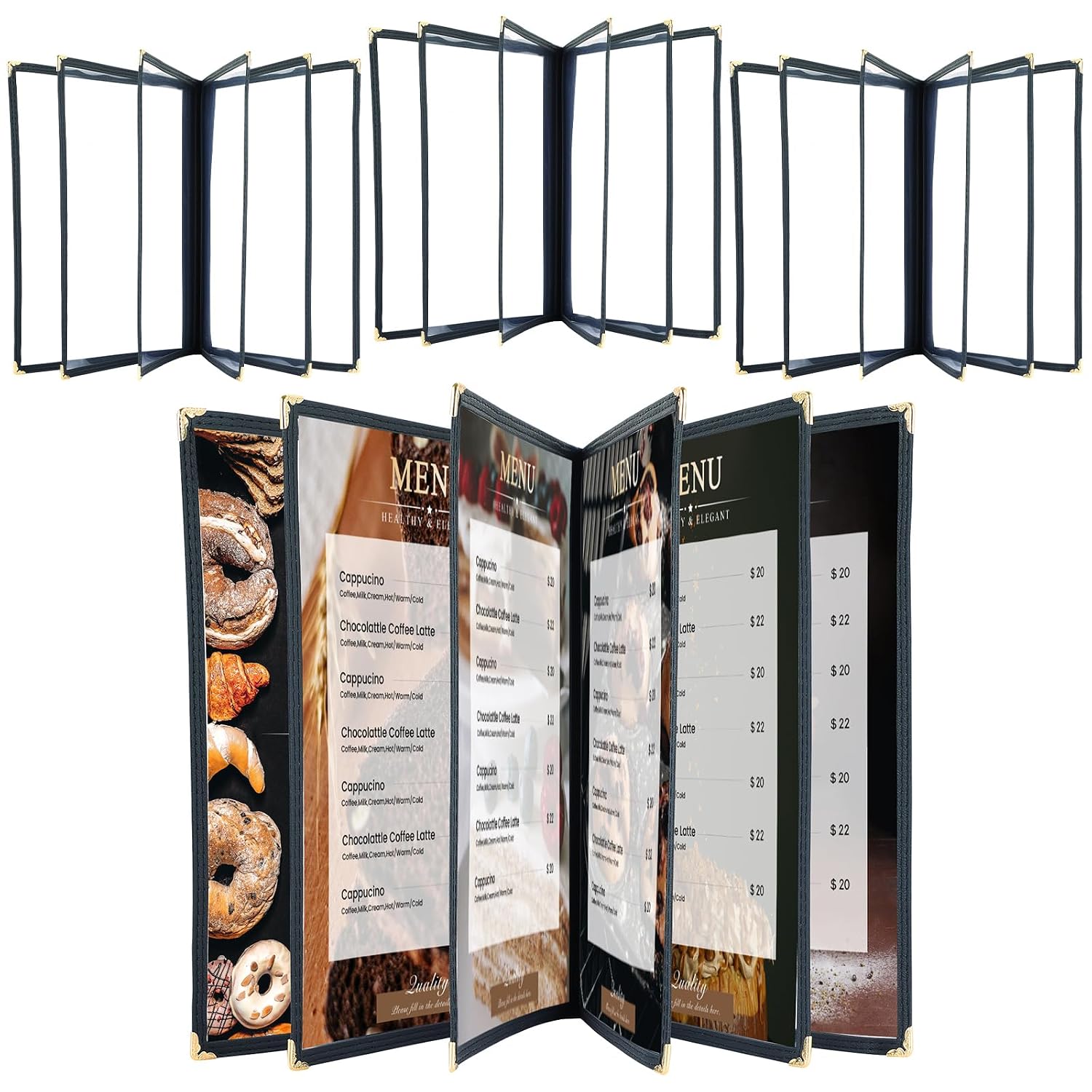 Menu Covers 8.5 x 11 Inch, 4 Pack (3 Page 6 View) | Clear View Menu Holder Transparent Menu Sleeve, Fits Letter Size Paper for Kitchen, Restaurant Supplies, Wine Menu