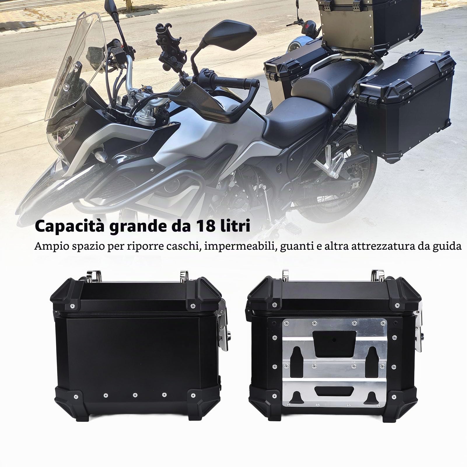 Valigia Laterale per Moto Borsa Rigida in Lega di Alluminio Adatta per Moto Impermeabile, per Bagaglio da Casco, capacità 18 Litri (SILVER) (BLACK)