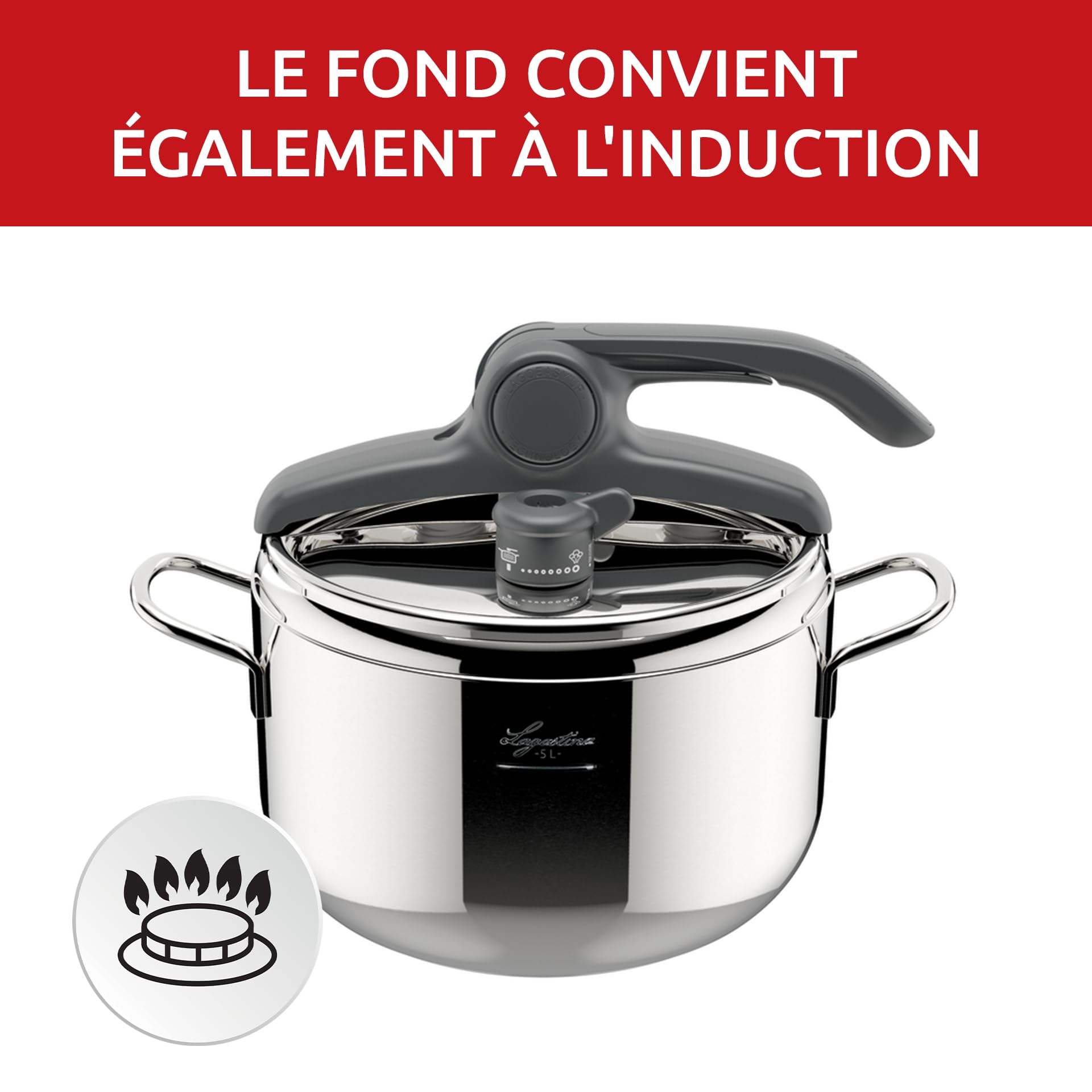 Lagostina Irradial Control Lagoeasy'UP Autocuiseur 5 L en Acier Inoxydable 18/10 Ø 22 cm, Casserole Induction et à Gaz, Couvercle à Ouverture Facile, Fond Irradial Plus Triple Couche