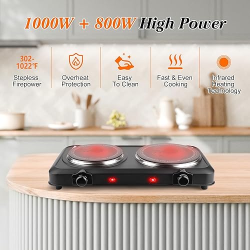 Miniatura 2 de Estufa eléctrica de 1800 W, quemador infrarrojo portátil, doble quemador eléctrico con ajustes de temperatura continuos, encimera doble estufa con
