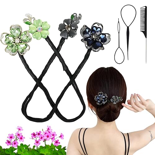 Pinza para el pelo con flores de diamantes de imitación, elegante pinza para el cabello, máquina de moños mágicos, moño de torsión francesa, rizador