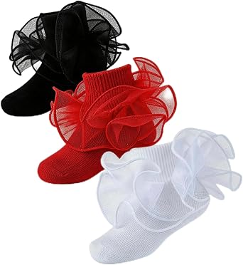 Baby Girl Ruffle Socks Cute Infant Lace Frilly Fancy Dress Socks | 3 Pairs Turn Cuff Fluffy Tutu Socks Baby Girls 0-6 6-12 Months Soft Cotton Fancy Socks for Baptism Easter Photoshot Outfit