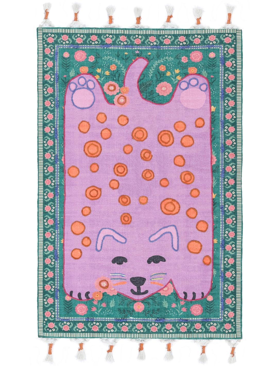 RugVista Lo Cat Embroidery, Alfombra Infantil, Modernas Niños, 70 x 100 cm, Rectangular, Pelo Corto, Cuarto del bebé, Limpieza en seco, Sin Productos químicos peligrosos, Rosa/Multi