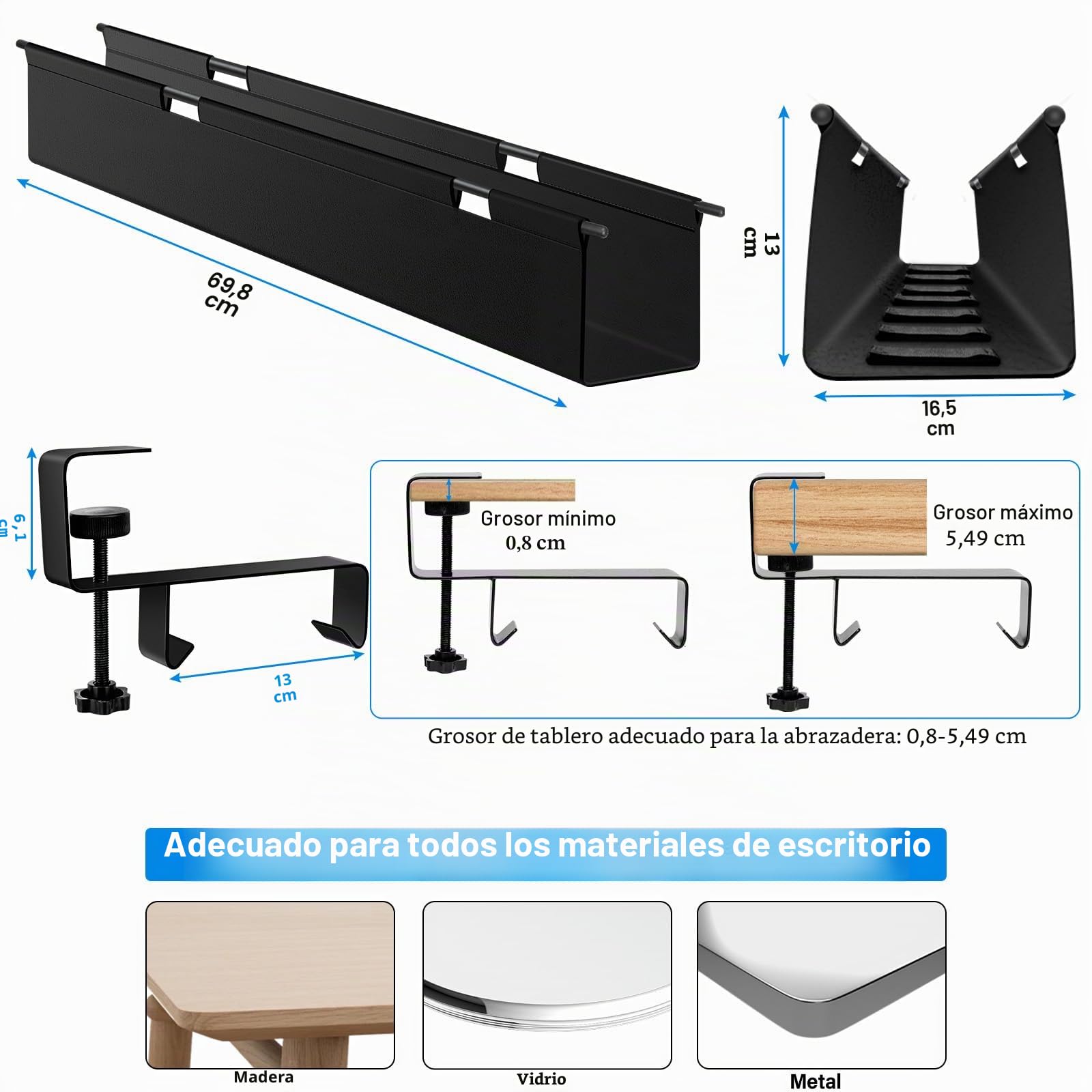 Bandeja Cables Escritorio, Acabado Flexible De La Mesa De GestióN De Cables Sin PerforacióN De 70cm, InstalacióN De Pinzas Sin PerforacióN, Impermeable Estable, Adecuada Para Oficinas Y Hogares
