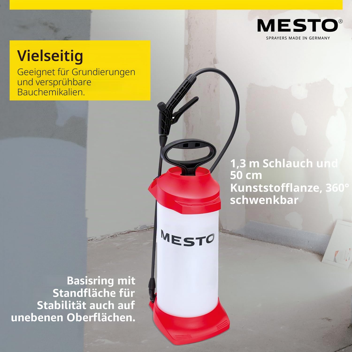 MESTO Primer Drucksprühgerät 5L Set inkl. MESTO Verlängerungsrohr 45cm | Pumpsprühflasche 3 Bar | Sprühflasche BAU & Handwerk | Drucksprühgerät für BAU Chemikalien & Grundierungen | Flachstrahldüse