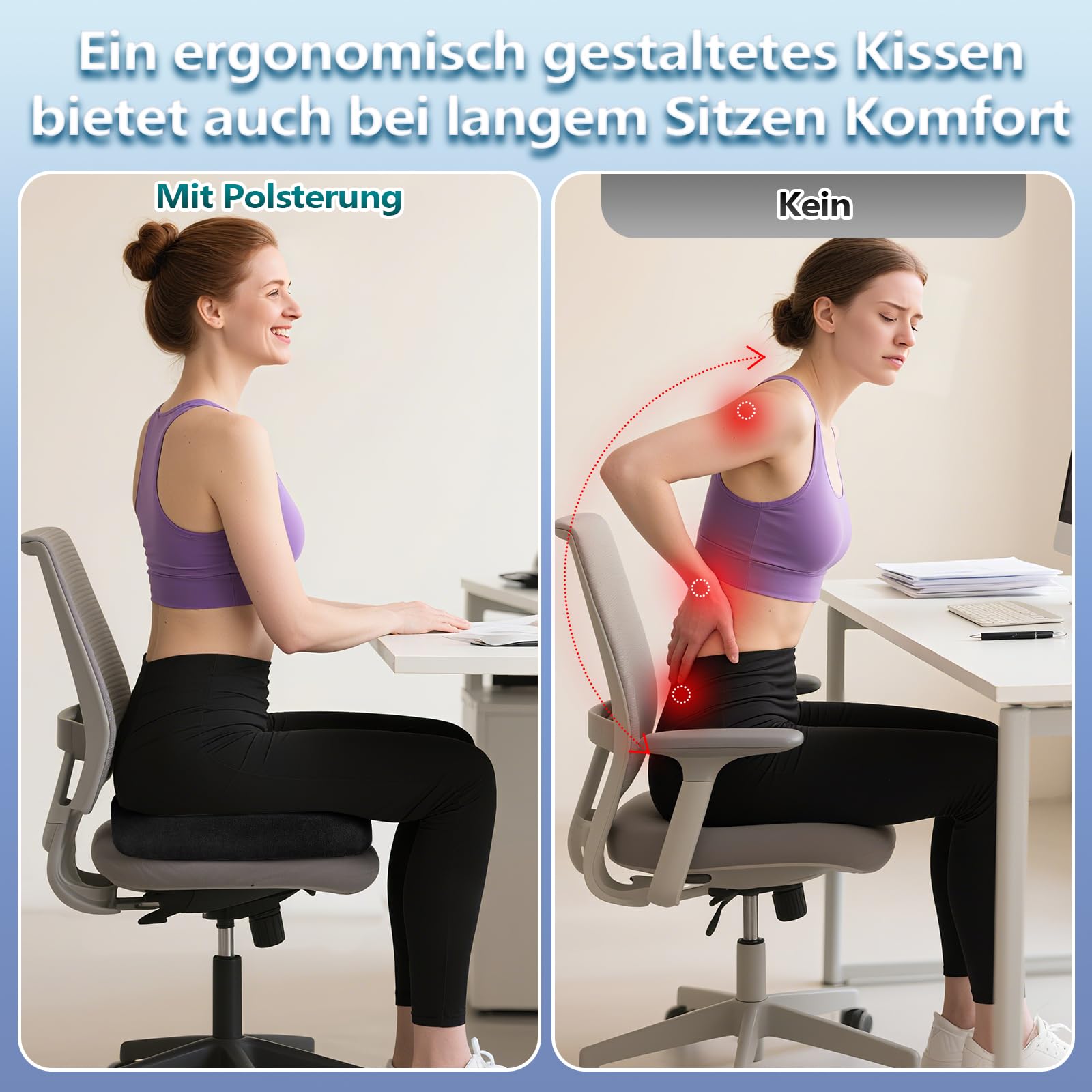 Cojín ortopédico de espuma viscoelástica – Cojín ergonómico para silla de oficina y coche para aliviar la presión y comodidad durante largos períodos de sentado, antideslizante y lavable