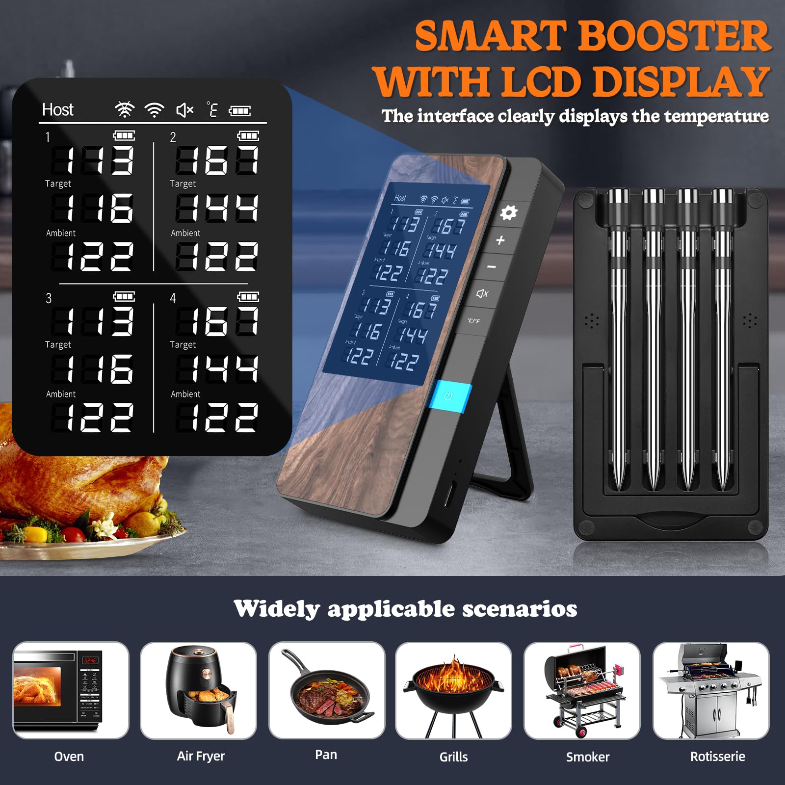 Termometro Cocina Paquete de 4, Pakinui Termometro Digital Cocina Inalámbrico con Aplicación, IP67 a Prueba de Agua Meat Thermometer, Termometro Carne para BBQ, Horno, Grill, Cocina, Asador