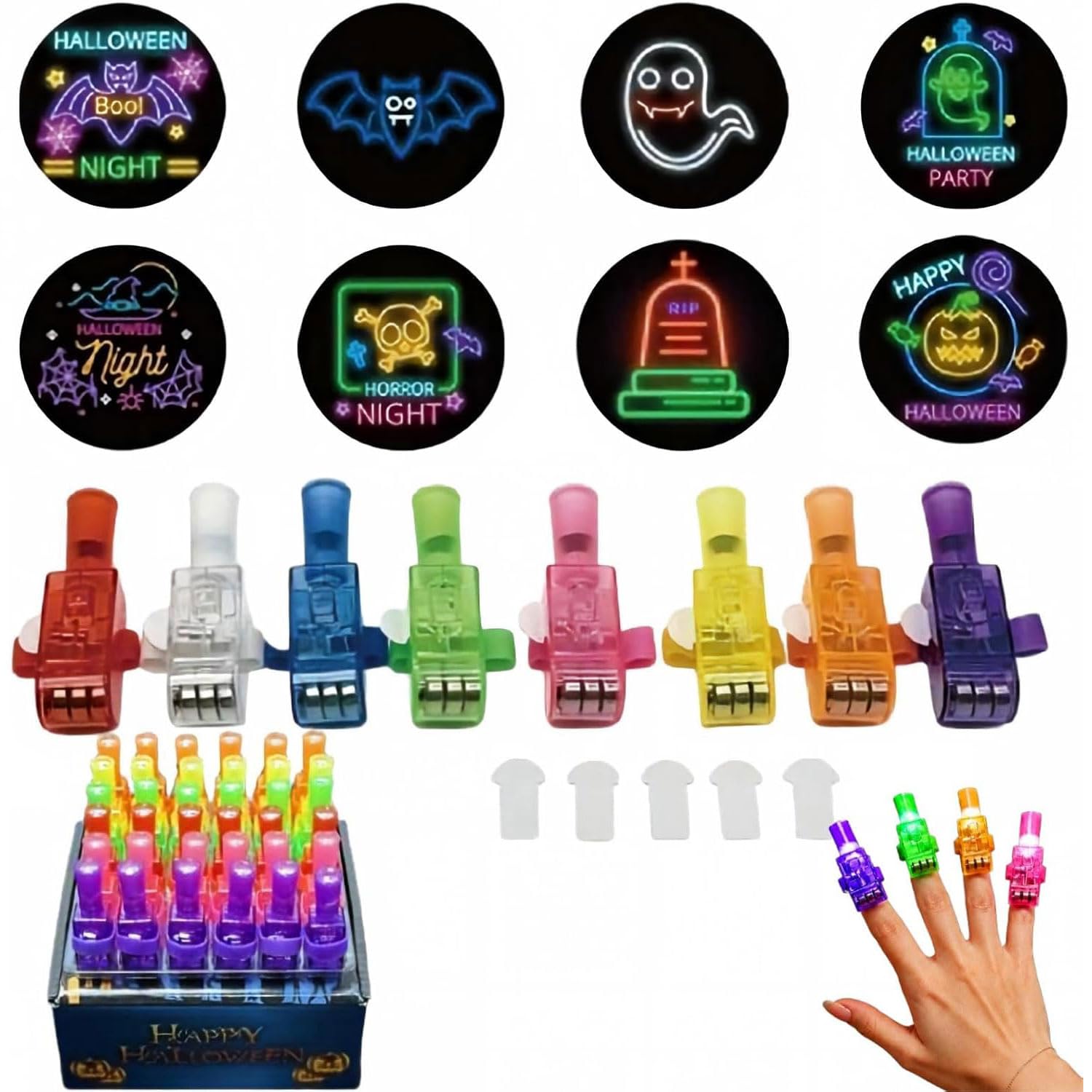 24 PCS Mini Colorful LED Finger Lights, Halloween Finger Projectors Lights, Mini Spooky Pattern Projector for Kids, LED Light Up Fingerlampe with Elastic Band & Slide Switch for Halloween Party，A