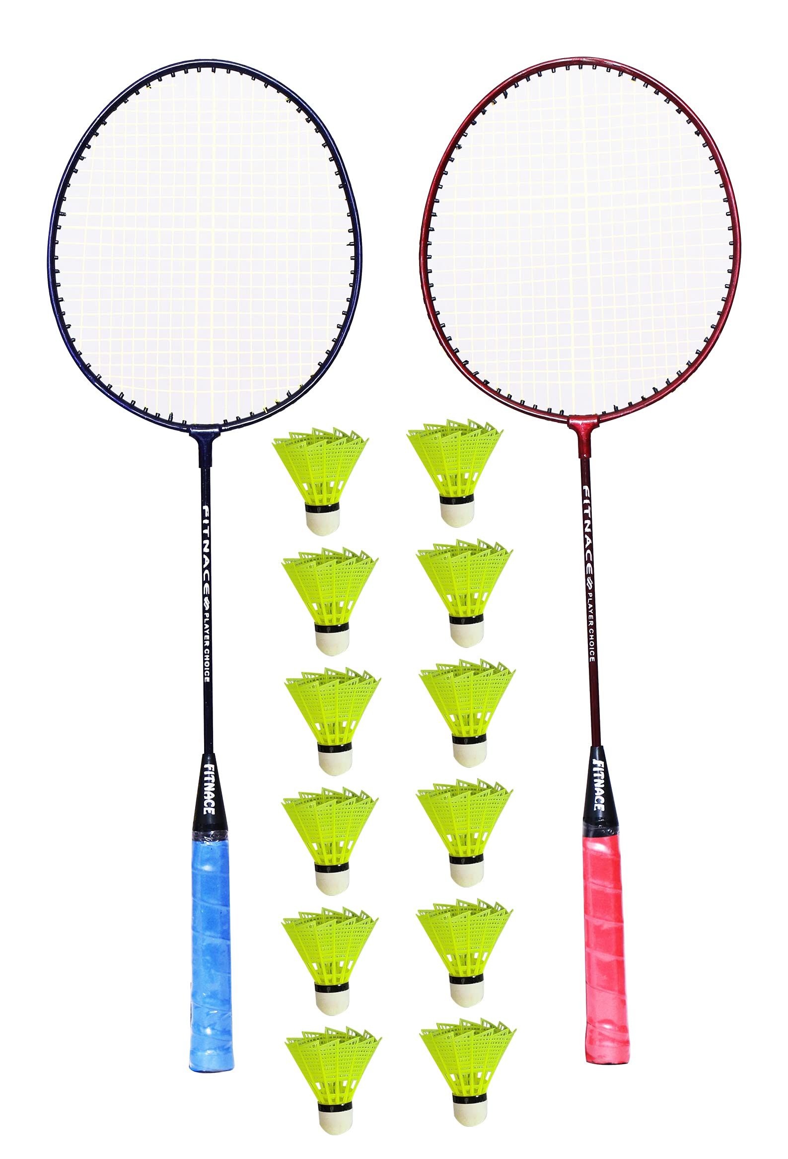 FITNACE Set of 2 Pc Aluminium Badminton Rackets with 12 Shuttles ,Metal, Multicolor