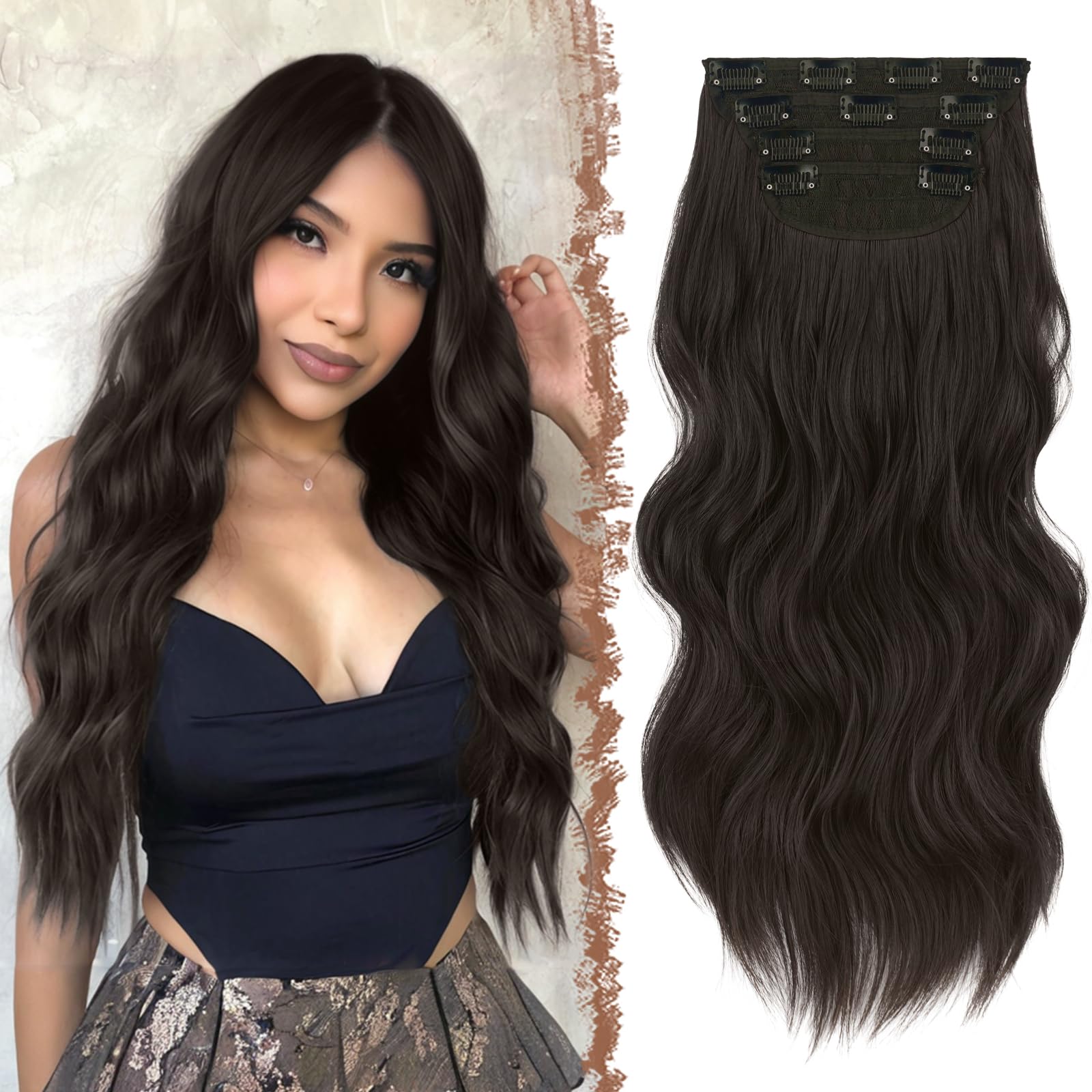 FESHFEN Clip in Hair Extensions 4PCS Black Brown Thick Hair Piece Long Wavy Clip in Extensions Full Head Synthetic Fiber Hairpieces for Women 20 Inch 180g