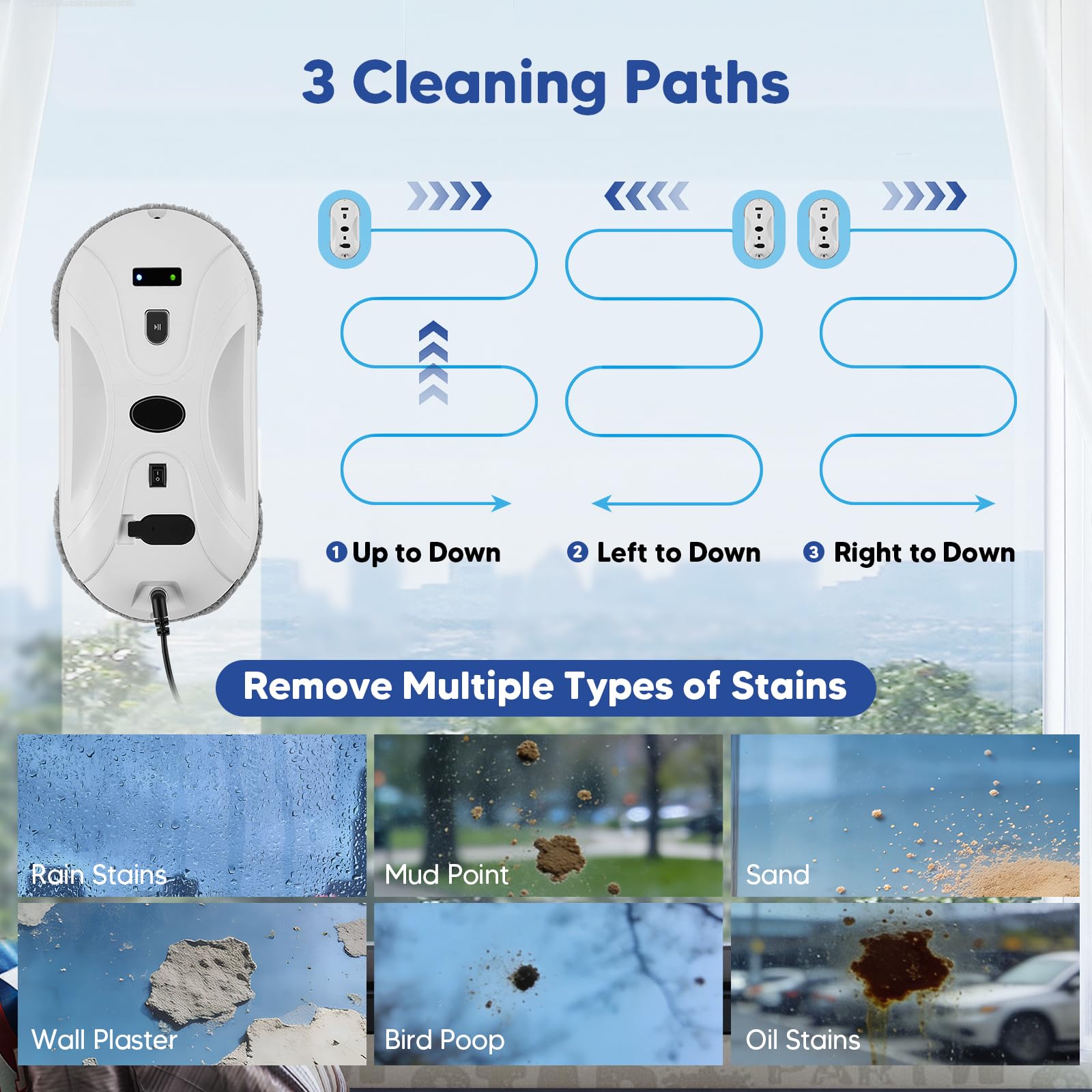 Robot Laveur de Vitre, 5800Pa Robot Nettoyeur Vitre avec Double Pulvérisation D'eau, 3 Modes de Nettoyage, Télécommande, Navigation Intelligente, Protection Antichute＆10 Chiffons, Pour Surfaces Lisses