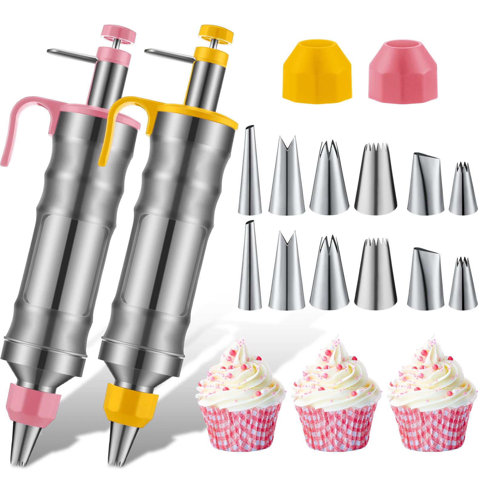 Uiifan 2 Sets Icing Decoration Gun Set Dessert Decorating Decorator Syringe Cake Decorating Tool and 12 Pcs Russian Piping Icing Nozzles Cupcake Filling Injector Cake Tool for Baking(Pink, Yellow)