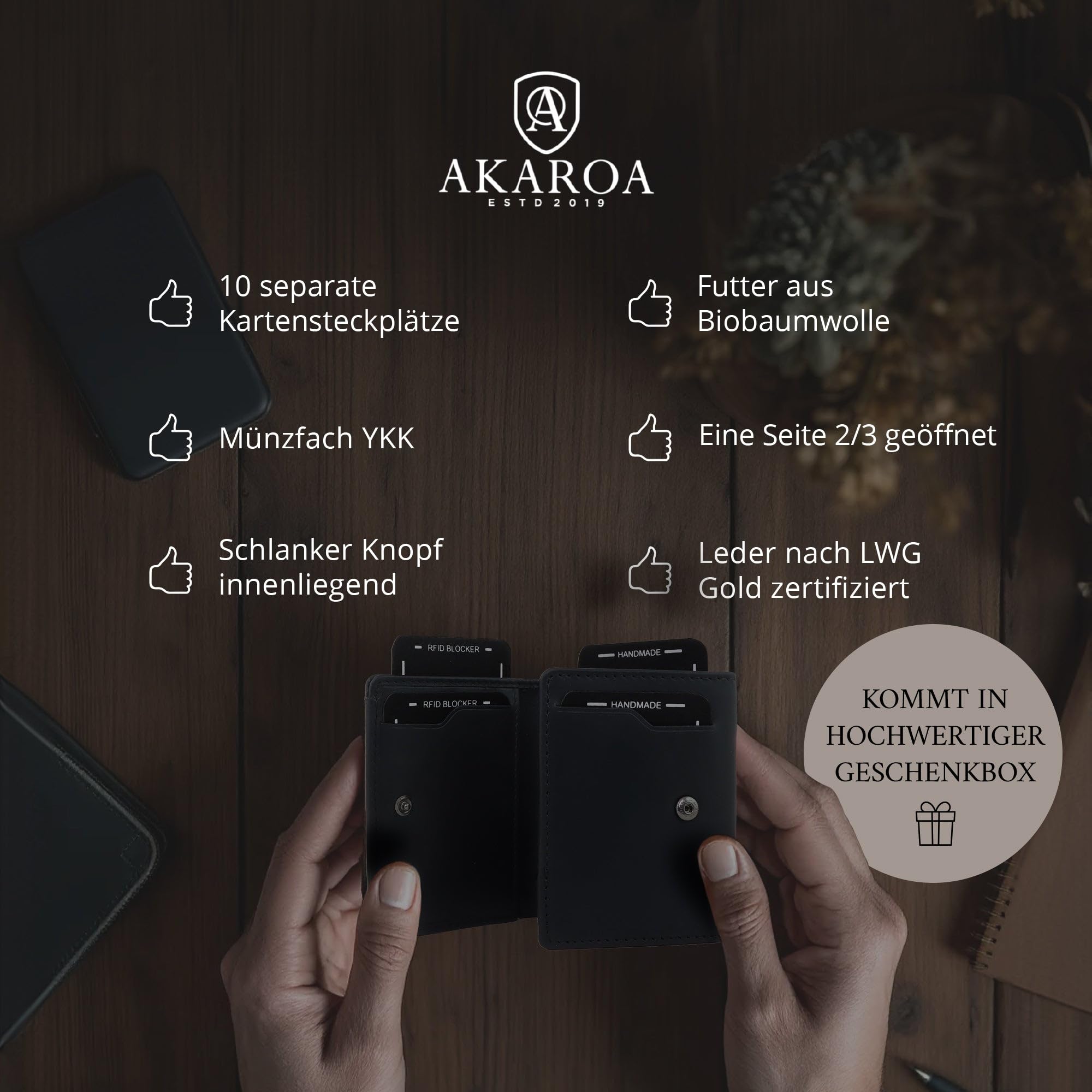 AKAROA – Trifold Geldbörse Herren echtes Rindsleder Henry – Portmonee Herren 7,5x9,5cm mit 10 Kartenfächern & Münzfach mit Reißverschluss – Geldbeutel im Hochformat mit RFID Schutz – Schwarz
