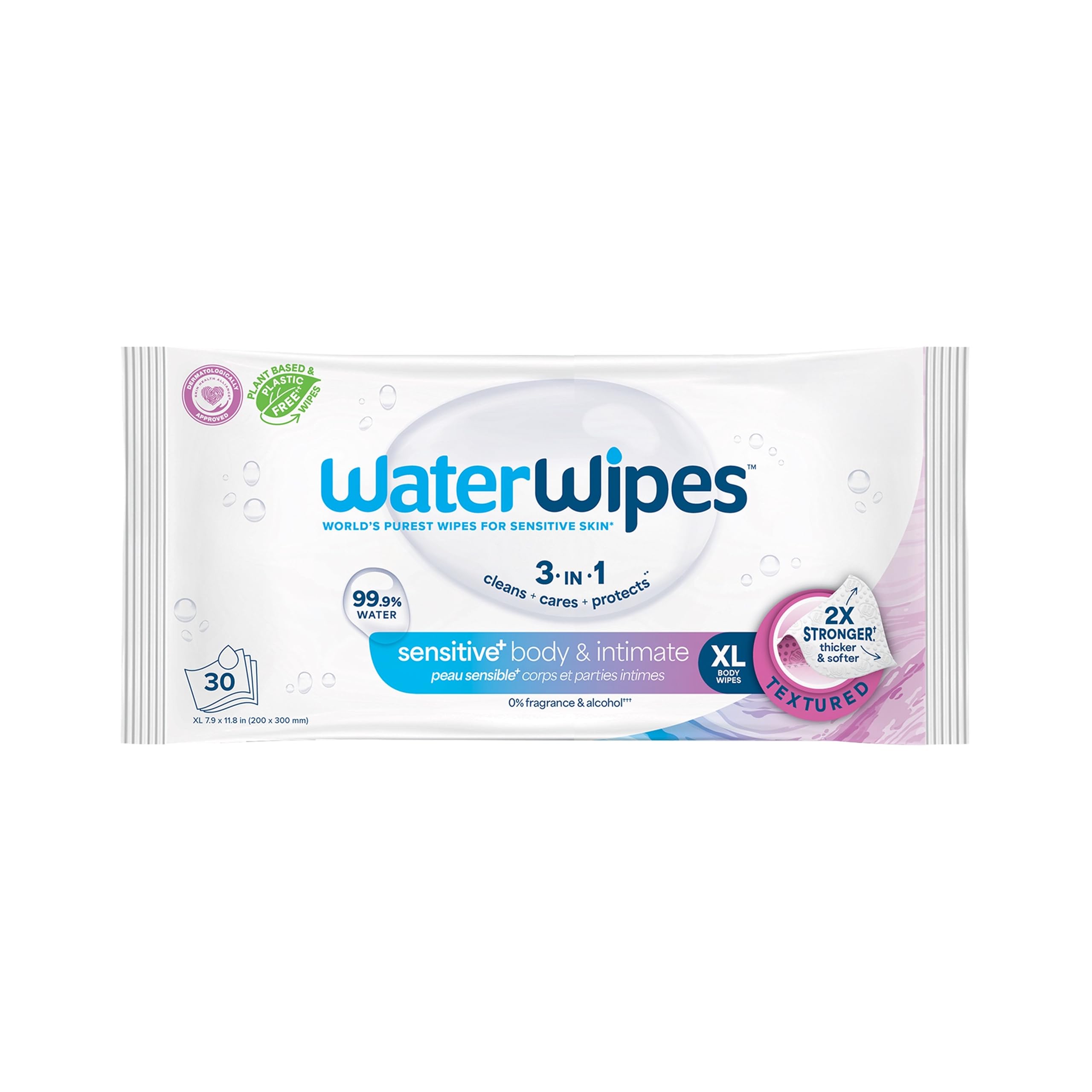 WaterWipesSensitive+ Body & Intimate Wipes, 3-In-1 Cleans, Cares, Protects, 99.9% Water, Unscented & Hypoallergenic Hygiene Wet Wipes, Adult Care, 30 Wipes (1 Packs)