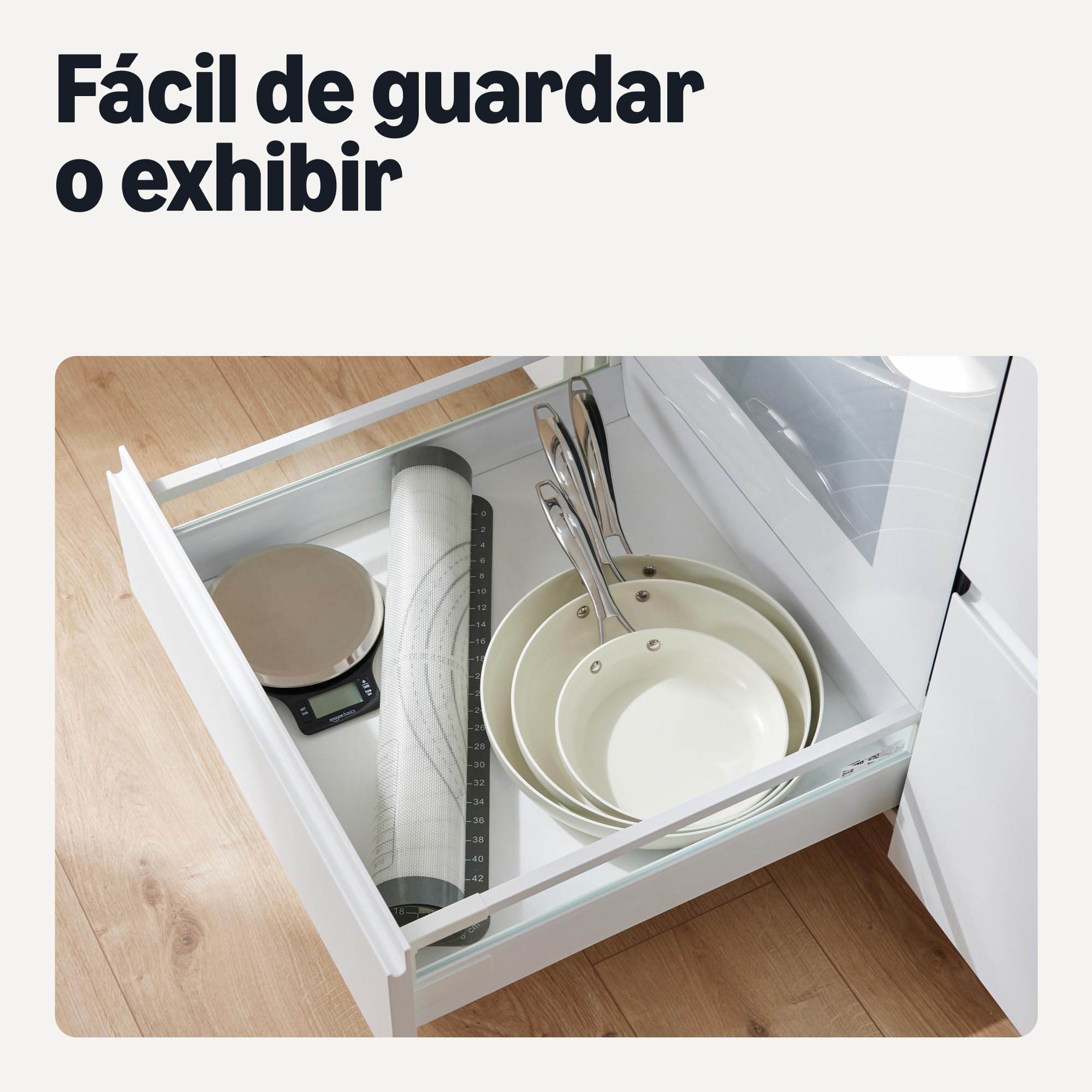 Amazon Basics Batería de Cocina Antiadherente de Cerámica, Juego de 3 Sartenes, Compatibles con Todo Tipo de Fuegos, Aptas para Lavavajillas, Marfil