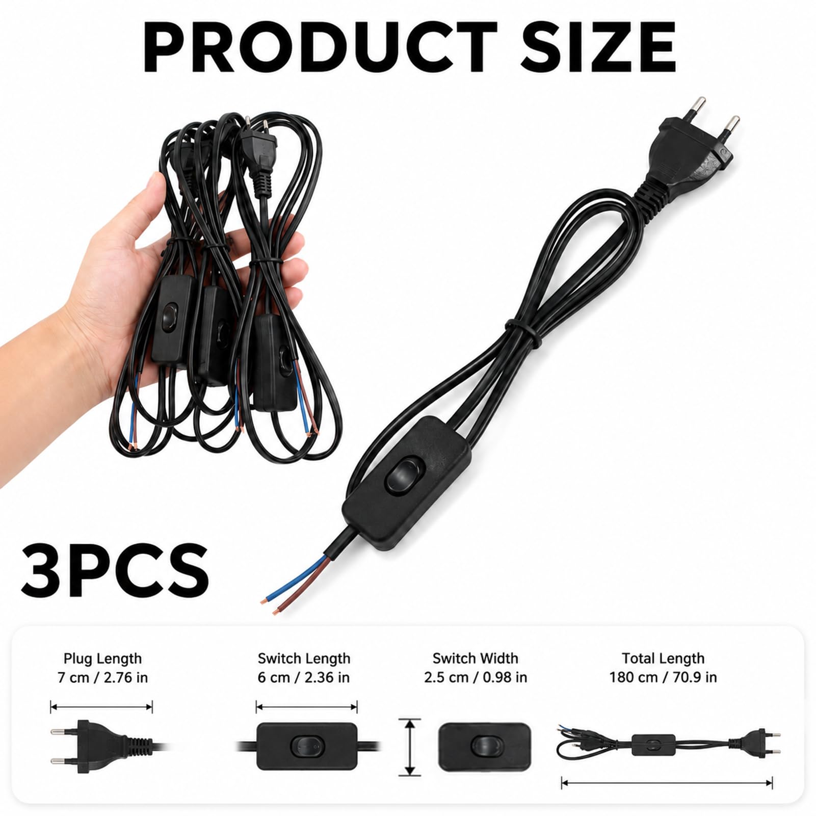 3 Stück Kabel mit Schalter und Stecker, Lampenkabel mit Schalter 1,8 m, Stromkabel Verlängerung für Lampen, Tischlampen Stehlampen Innenbereich PVC-Mantel Kupferkern 220V 100W Ein/Aus, DIY Beleuchtung