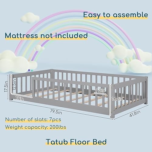 Miniatura 7 de Tatub Cama de suelo individual con barandillas de seguridad y puerta y listones, marco de cama Montessori de madera para niños y niñas, tamaño