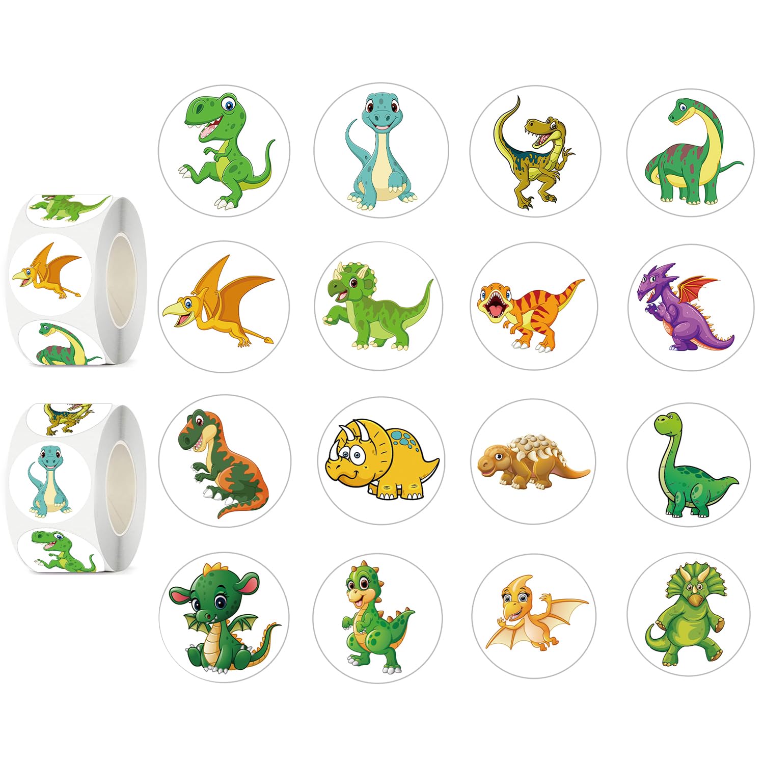UVUXO 600 Pcs Dinosaur Stickers Rolls for Kids-Round 1.5 Inch 16 Tyles Cartoon Dinosaur Kindergarten Stickers Teacher Sticker for Kids Birthday Party School Reward Giveaways