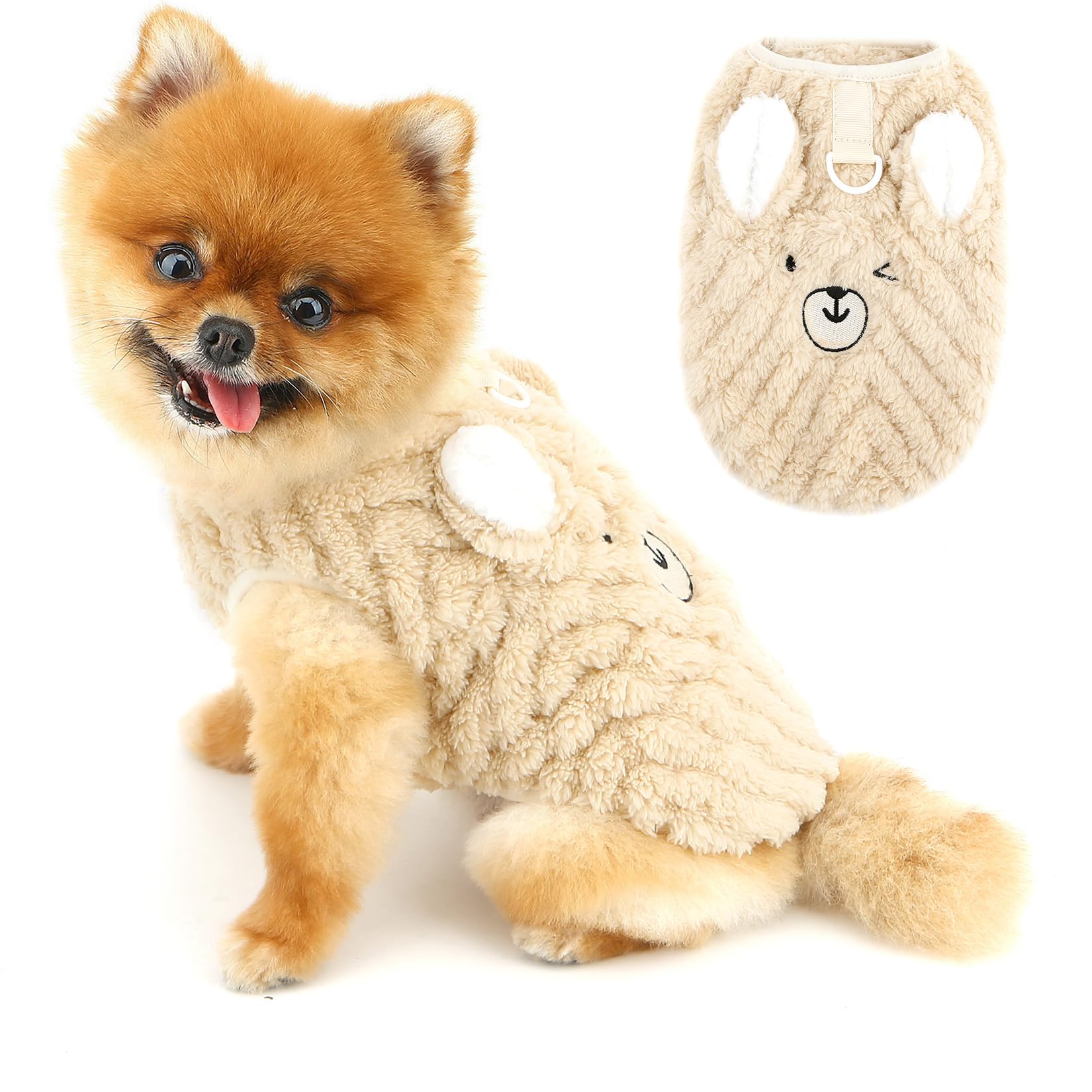 PAIDEFUL Embossed Fleece Dog Jumper for Small Dogs, Soft Warm Sleeveless Puppy Pullover with Lead D-Ring and Cute Ears, Cosy Winter Pet Vest Outfit for Chihuahua Yorkie and Cats,Brown,XL
