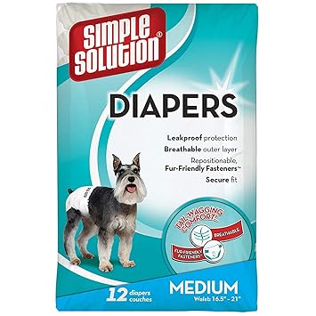 Simple Solution True Fit Disposable Dog Diapers for Female Dogs, Super Absorbent with Wetness Indicator, Leak Proof, Adjustable Fur Friendly Fasteners for Comfortable Fit, Quickly Absorb Liquid for Long Lasting Dryness, Medium Size 38-58cm Waist (12 Pack)