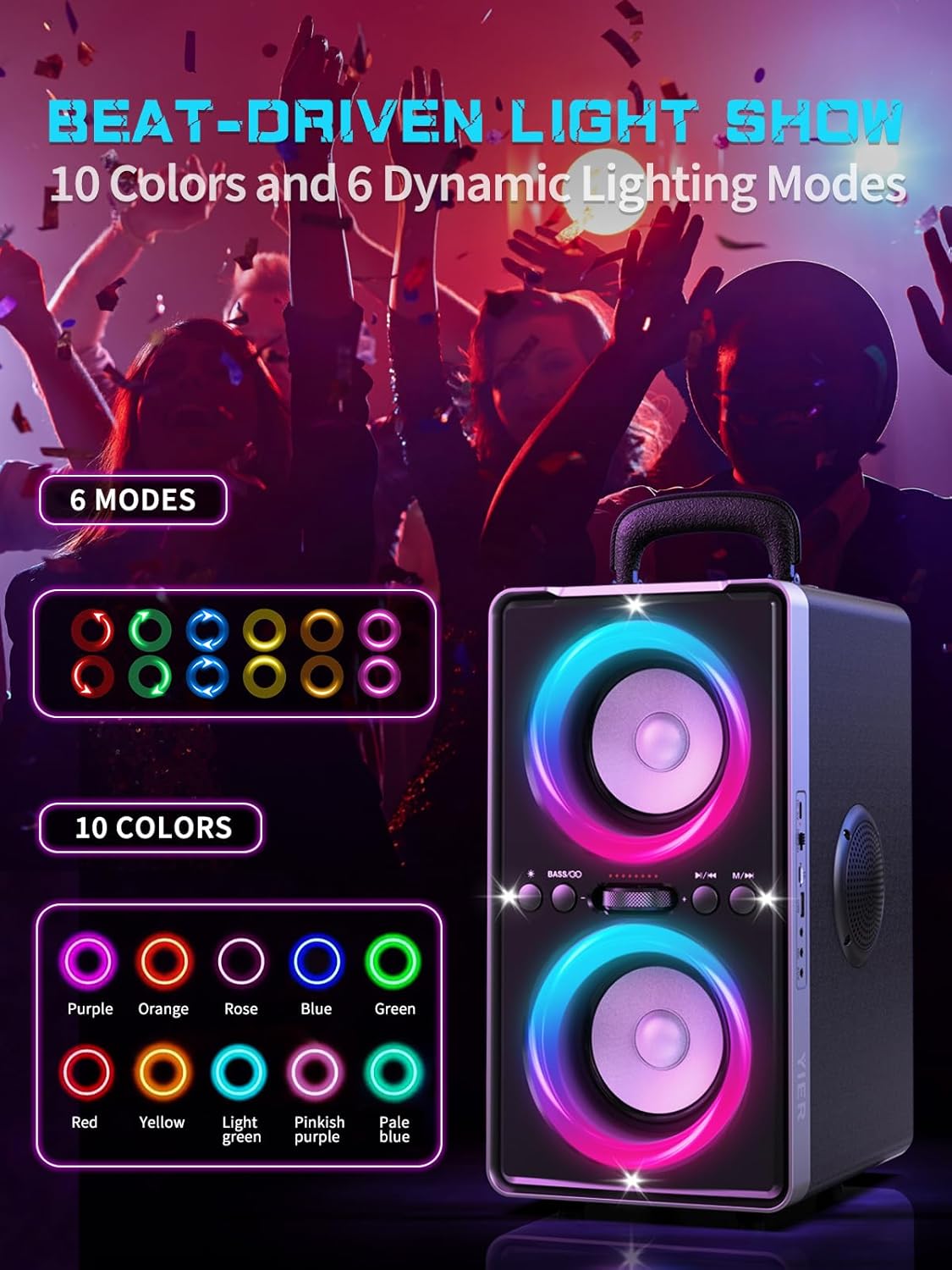 Bluetooth Speaker, 200W Peak Loud Stereo with Big Bass, 20H Playtime, TWS, Fast Charging, Portable Handle, Wireless Large Boombox Bocina with LED Light for Party Outdoor Backyard Camping - Image 3