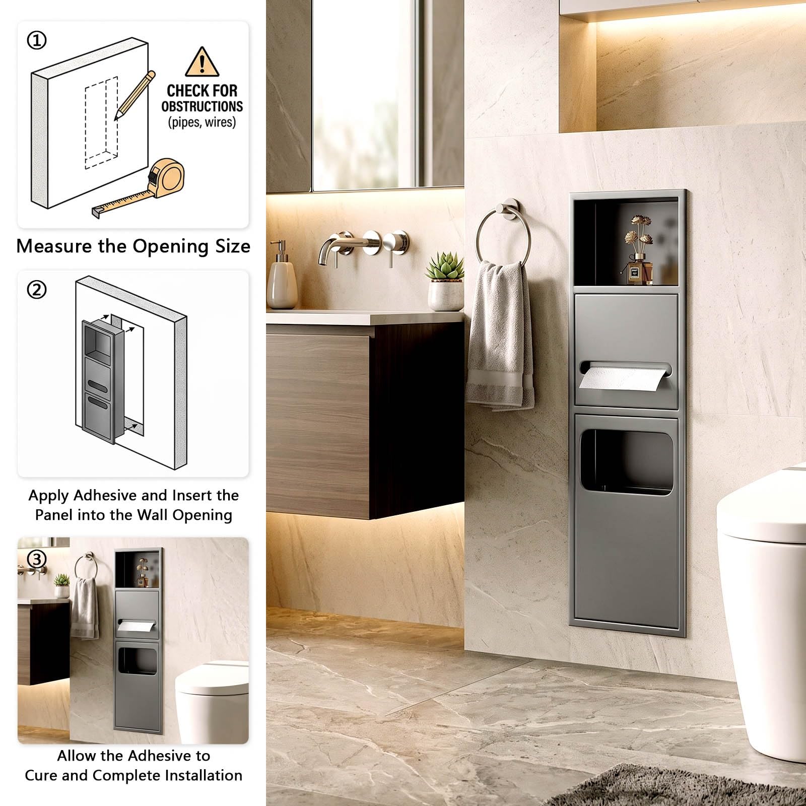 Unterputz WC Papierhalter Edelstahl Wandnische mit Aufbewahrung | Platzsparend Wasserdichter Verdeckter Einbau Mülleimer für Badezimmer Renovierung und kleine(Weiß,63x20x13.5cm)