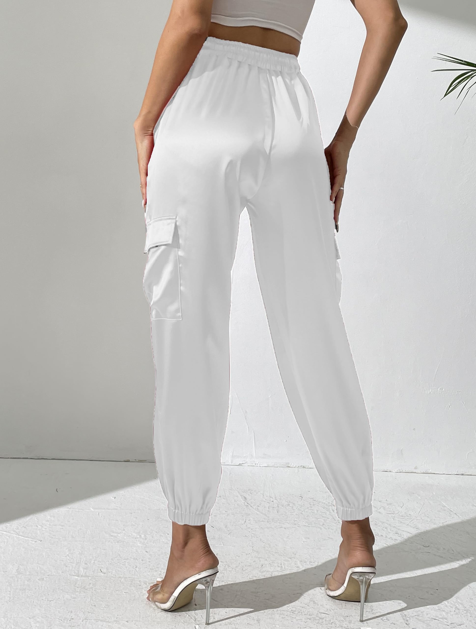 Damen Satin Cargo Jogger Pants Dressy Casual Silky Elastic High Waist Hose