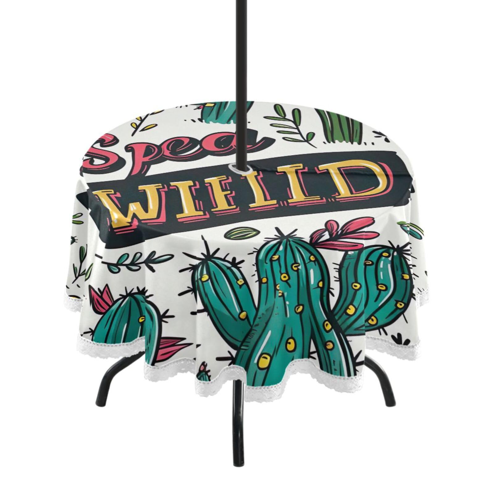 Wajiw 60 Inch Indoor Outdoor Round Tablecloth with Umbrella Hole and Zipper Waterproof Patio Table Cover for Camping Dining Room Party Outdoor Picnic,Cactus