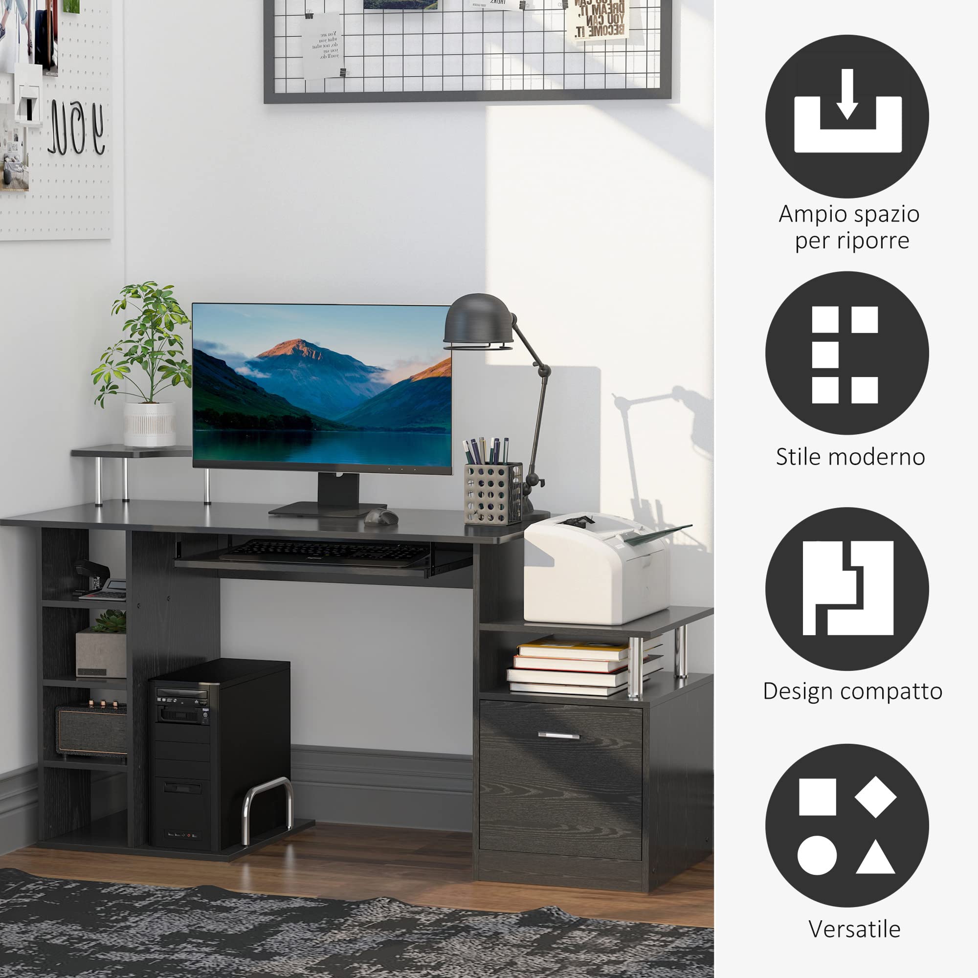 HOMCOM Scrivania per Computer Moderna con Cassetti, Ripiani e Tastiera Estraibile, Scrivania da Ufficio per Casa in Legno Nero 152x60x88cm