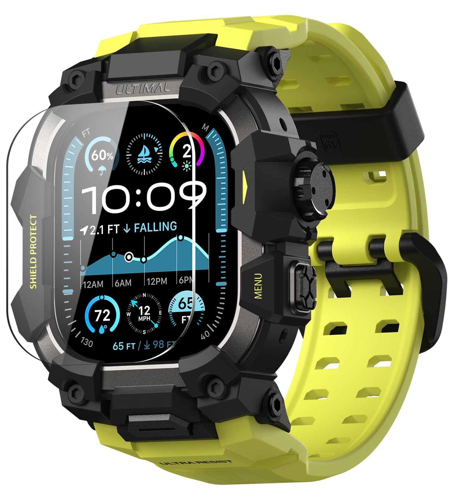 ULTIMAL Rugged Case with Band for Apple Watch 49mm,Compatible with Apple Watch Ultra 3/2/1, Military Grade Shockproof Bumper Cover for iWatch Tactical Band Men (49mm,Fluorescent Green)