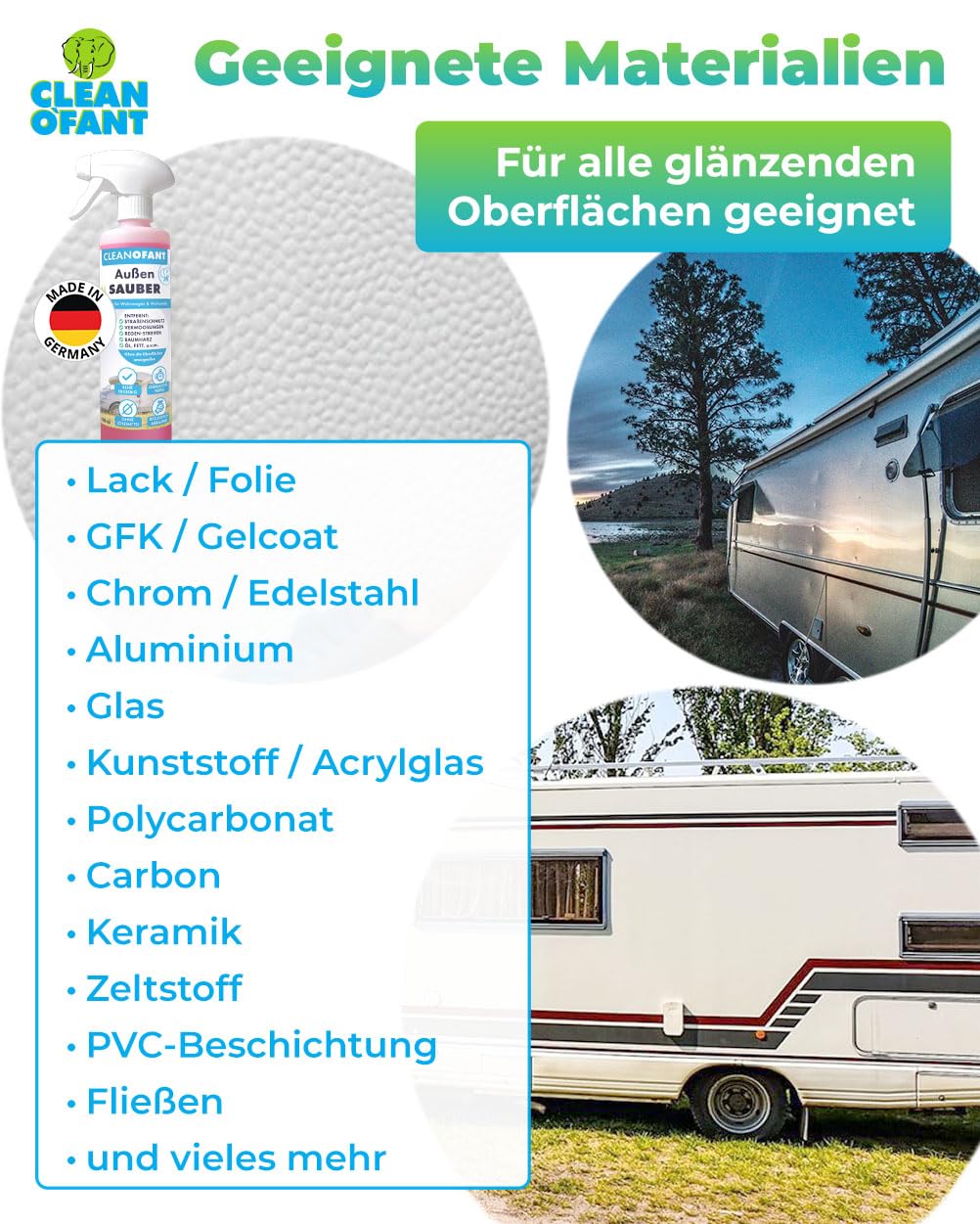 CLEANOFANT Außen-SAUBER | 500 ml + 2,3 Liter | Profi Wohnwagen- & Wohnmobilreiniger - Entfernt mühelos Schwarze Regenstreifen, Insekten & Baumharz - Biologisch abbaubar & Materialschonend