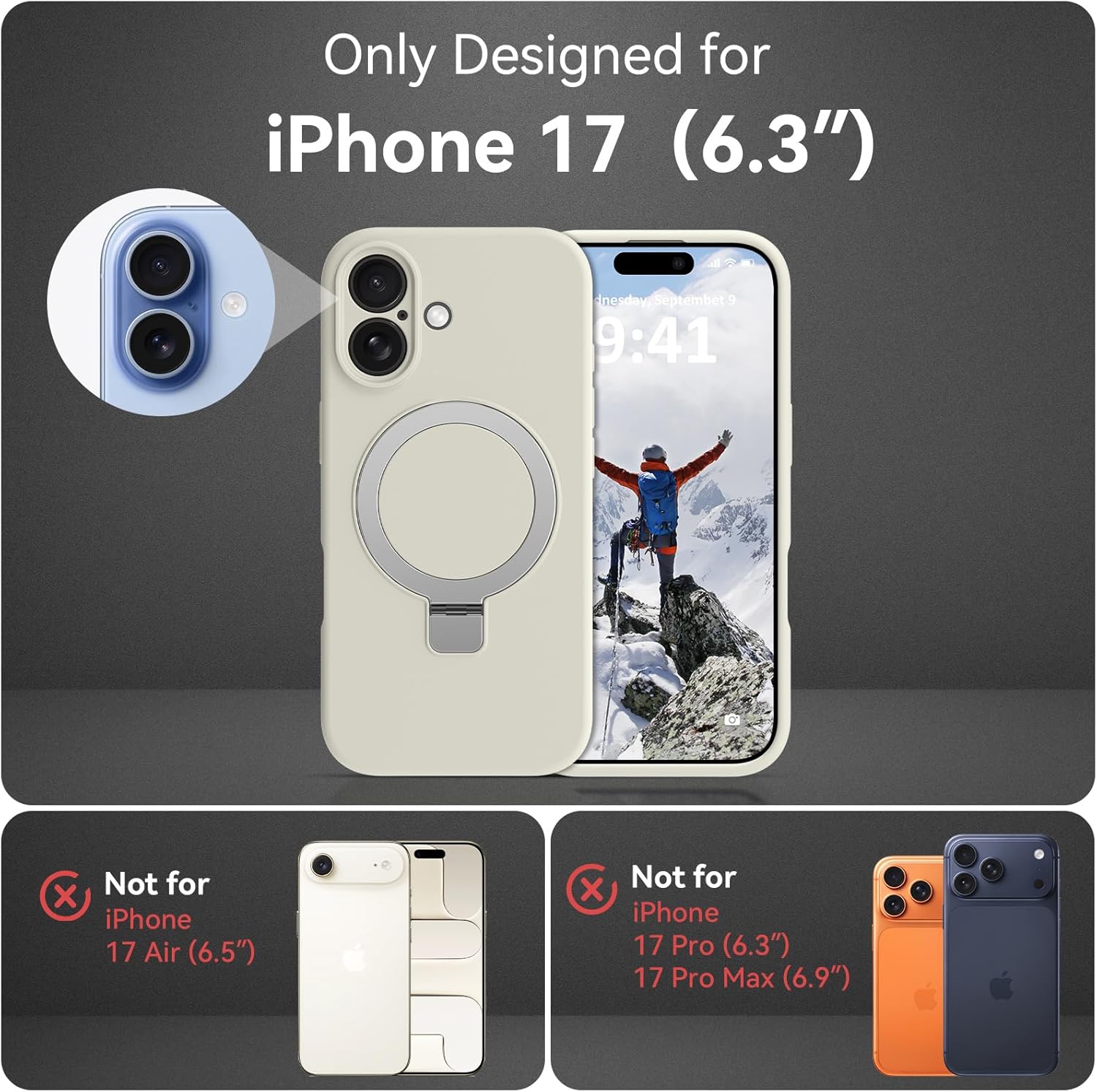 Compatible with iPhone 17 Case Stand, Slim Comfortable Liquid Silicone Phone Cases Fit for iPhone 17 Compatible with MagSafe Magnetic Ring Kickstand Stand Case Full Camera Protection, White