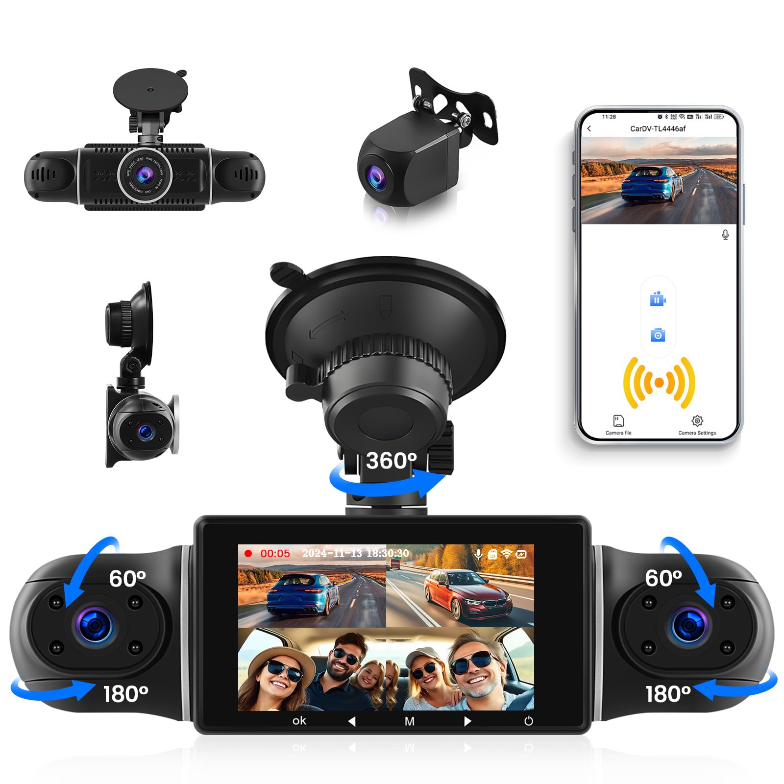 CAMECHO Dashcam Coche Delantera Trasera con 4 Cámaras FHD 1080P Gran Angular, Pantalla IPS de 3 Pulgadas 360° Dash-CAM con WiFi App Visión Nocturna G-Sensor 24H +Reverse Line