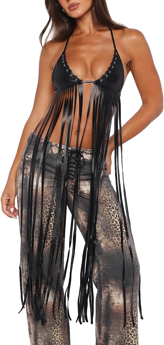 Sexy Tops for Women Halter Long Fringe Trim Bra Sexy Club Outfits