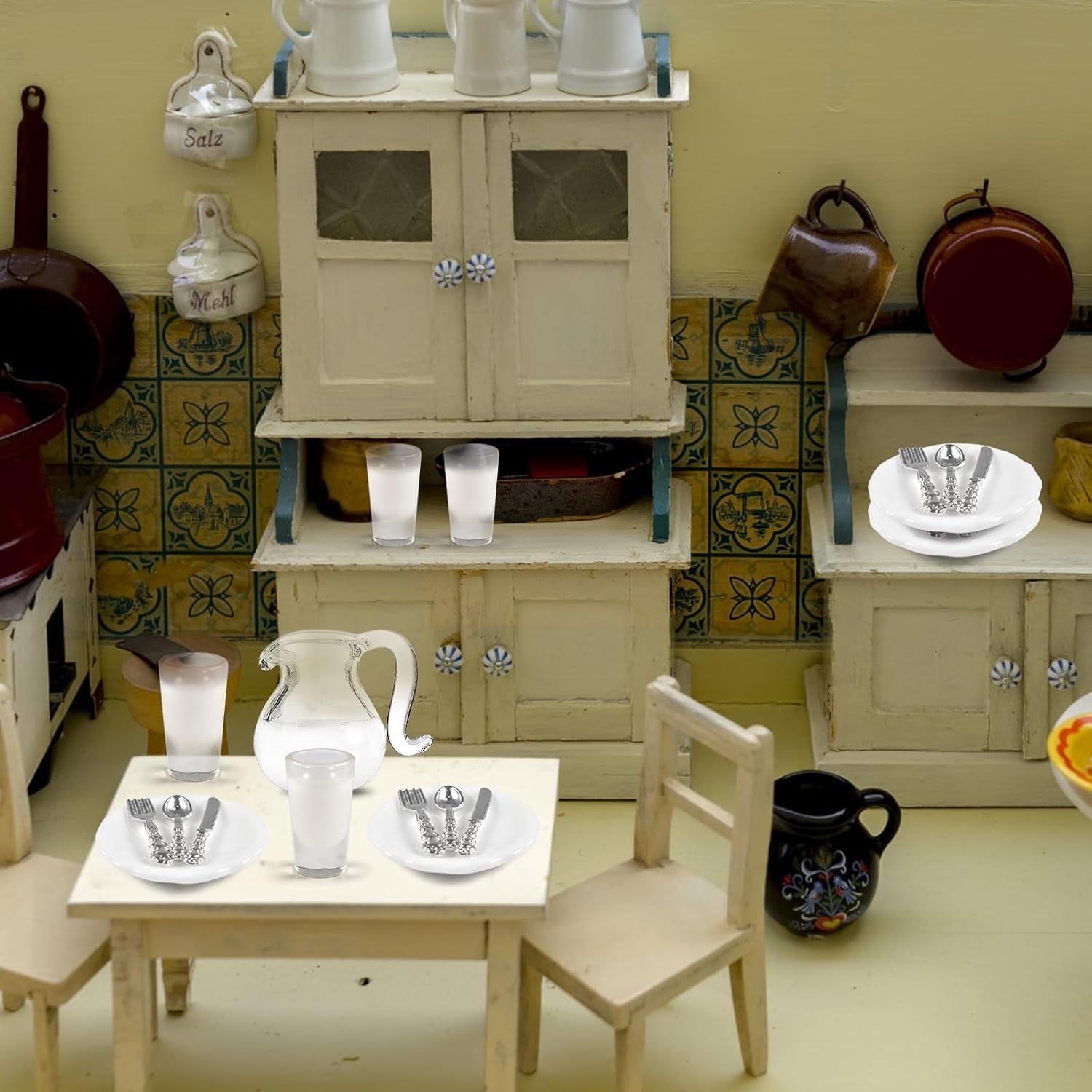 Set da Cucina in Miniatura, 21 PCS Accessori da Cucina in Miniatura, Accessori Casa Bambole, Stoviglie 1:12 per la Casa delle Bambole, Piattini, Posate, Bollitore, Bicchieri per l'acqua (A