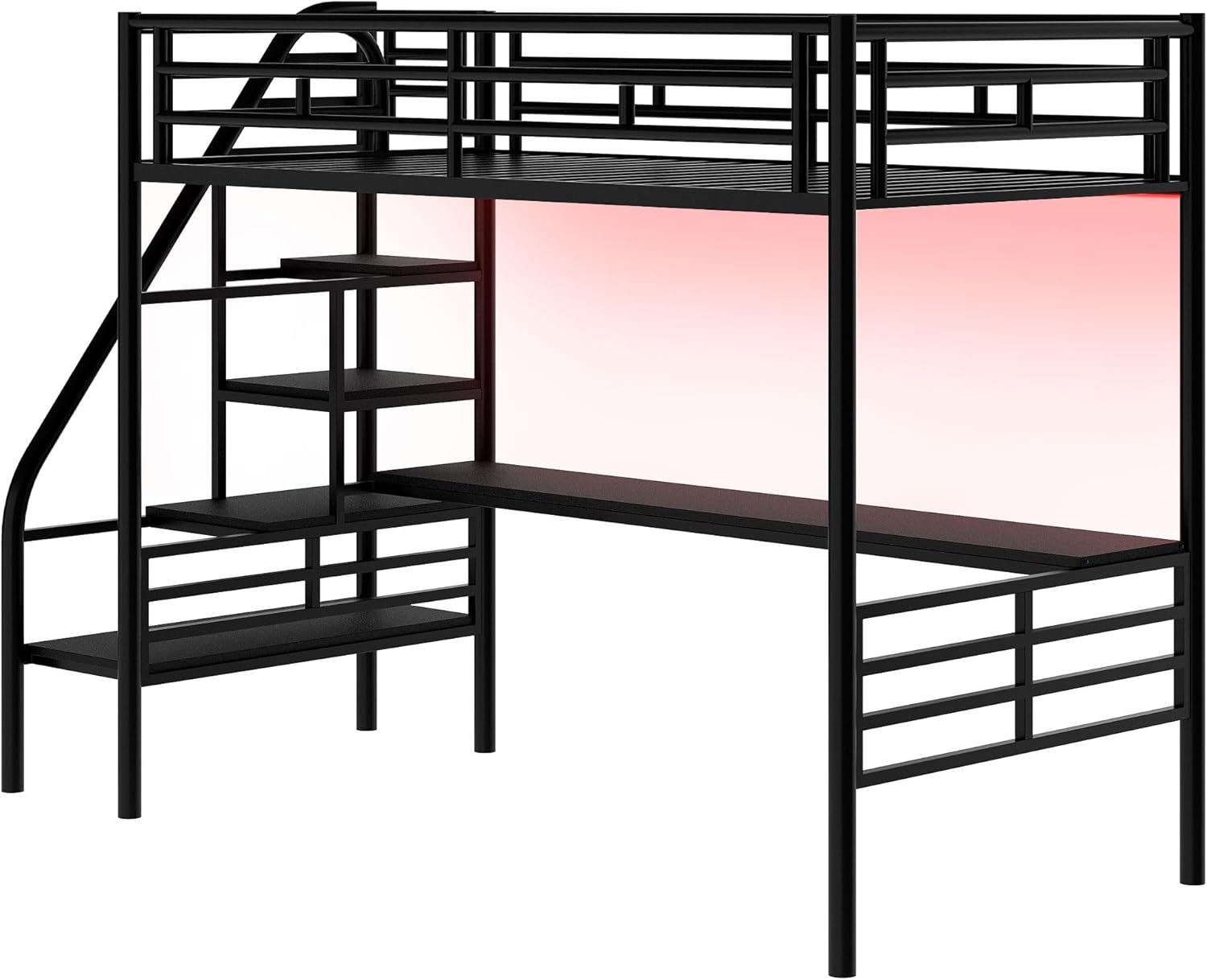 Merax Loft Bed with LED light strip glowing red under the bed