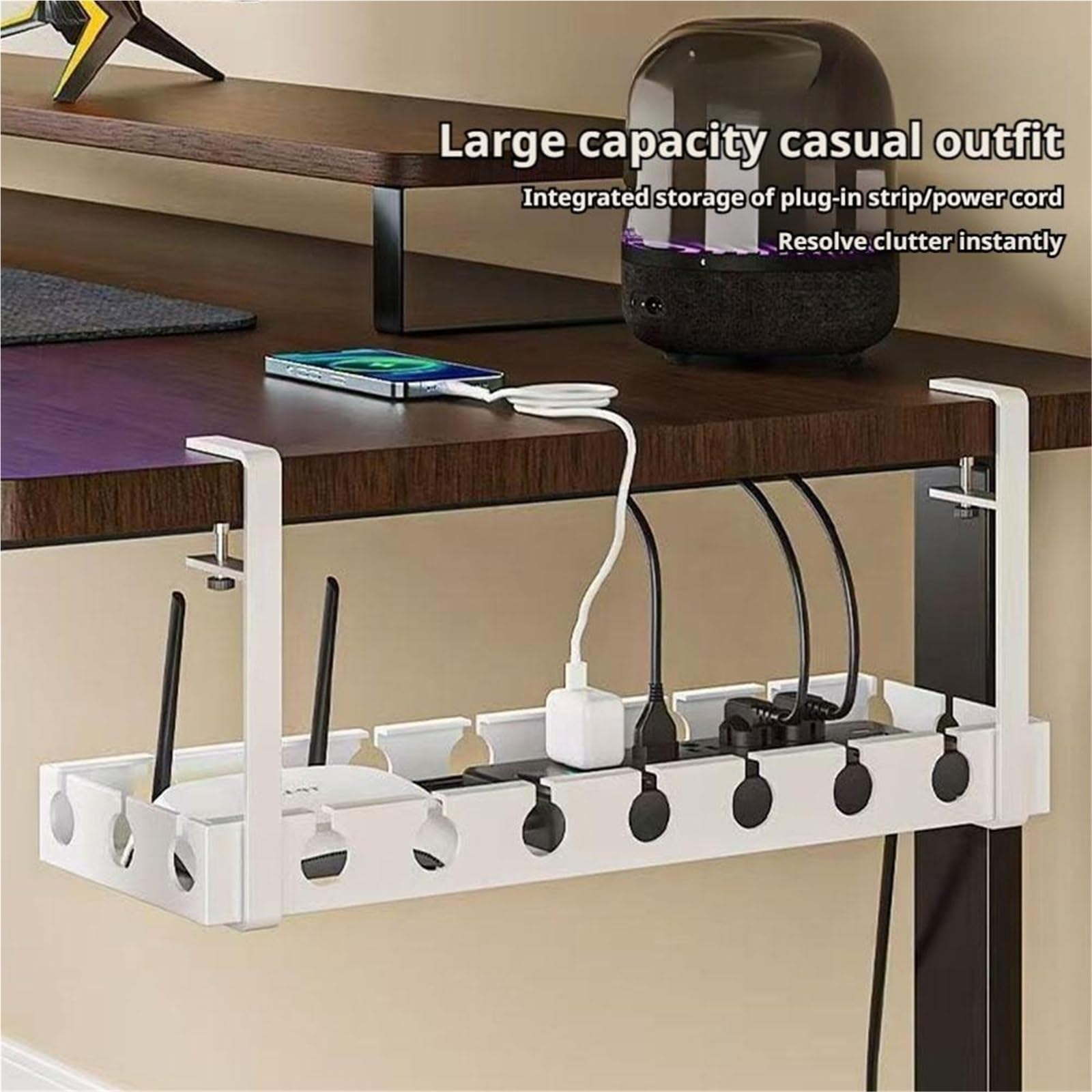 Bandeja Gestion Cables Estante de almacenamiento debajo la Mesa, bandeja gestión cables Metal sin perforación, organizador for escritorio oficina en casa, tira alimentación retráctil(Black 43-74cm)