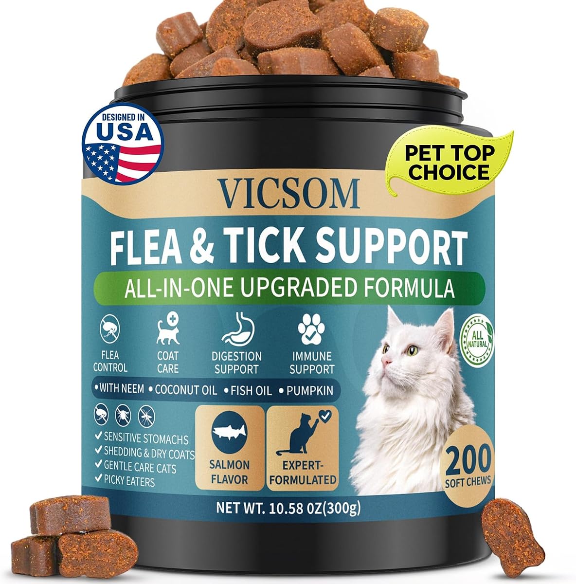 VICSOM Cat Flea Treatment, Flea and Tick Prevention for Cats, 200 Chews | Salmon-Flavored Chews With Neem Oil, Coconut Oil, Apple Cider Vinegar, Omega-3 And Probiotics For Skin, Coat And Digestion