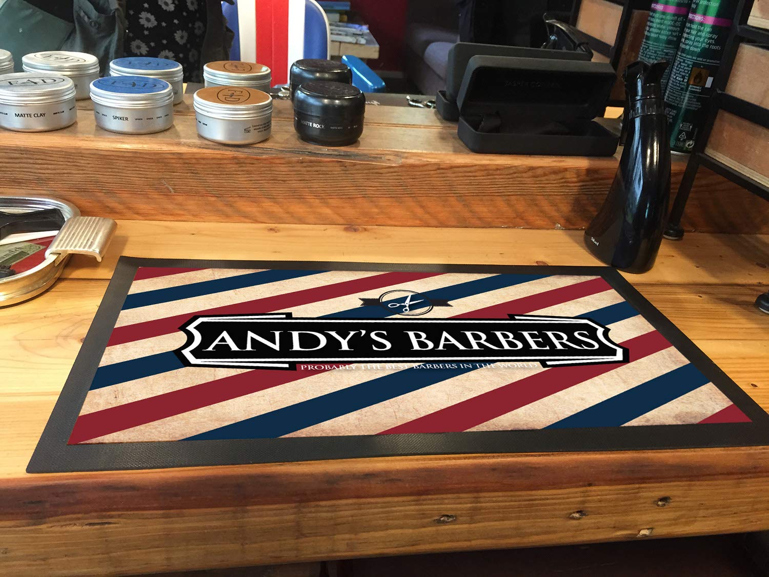 Artylicious Barber Mat, Personalised Barbers Shop Scissor Mat, Red Blue Stripes Grunge Fabric Mat