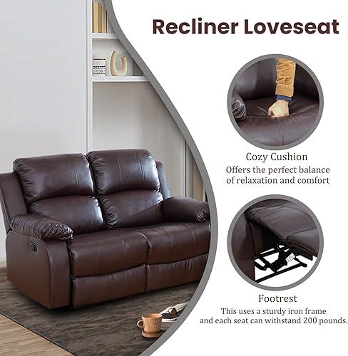 Miniatura 4 de Plithzy Juego de sofá reclinable de 2 piezas de cuero regenerado, muebles de sala de estar para oficina en casa (sofá y sofá biplaza, marrón,