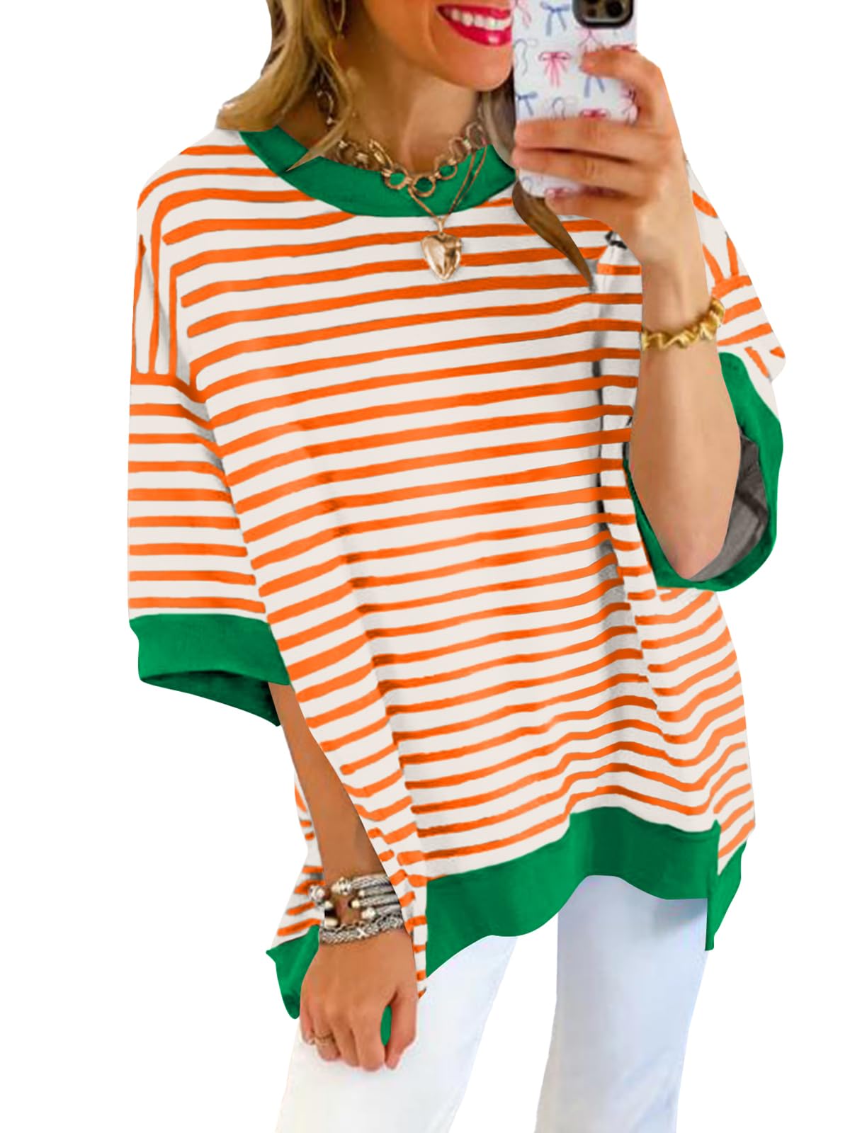Poetsky Womens Oversized Tops Casual Short Sleeve Striped Shirts Summer Crewneck Pullover Sweatshirt Loose Blouses