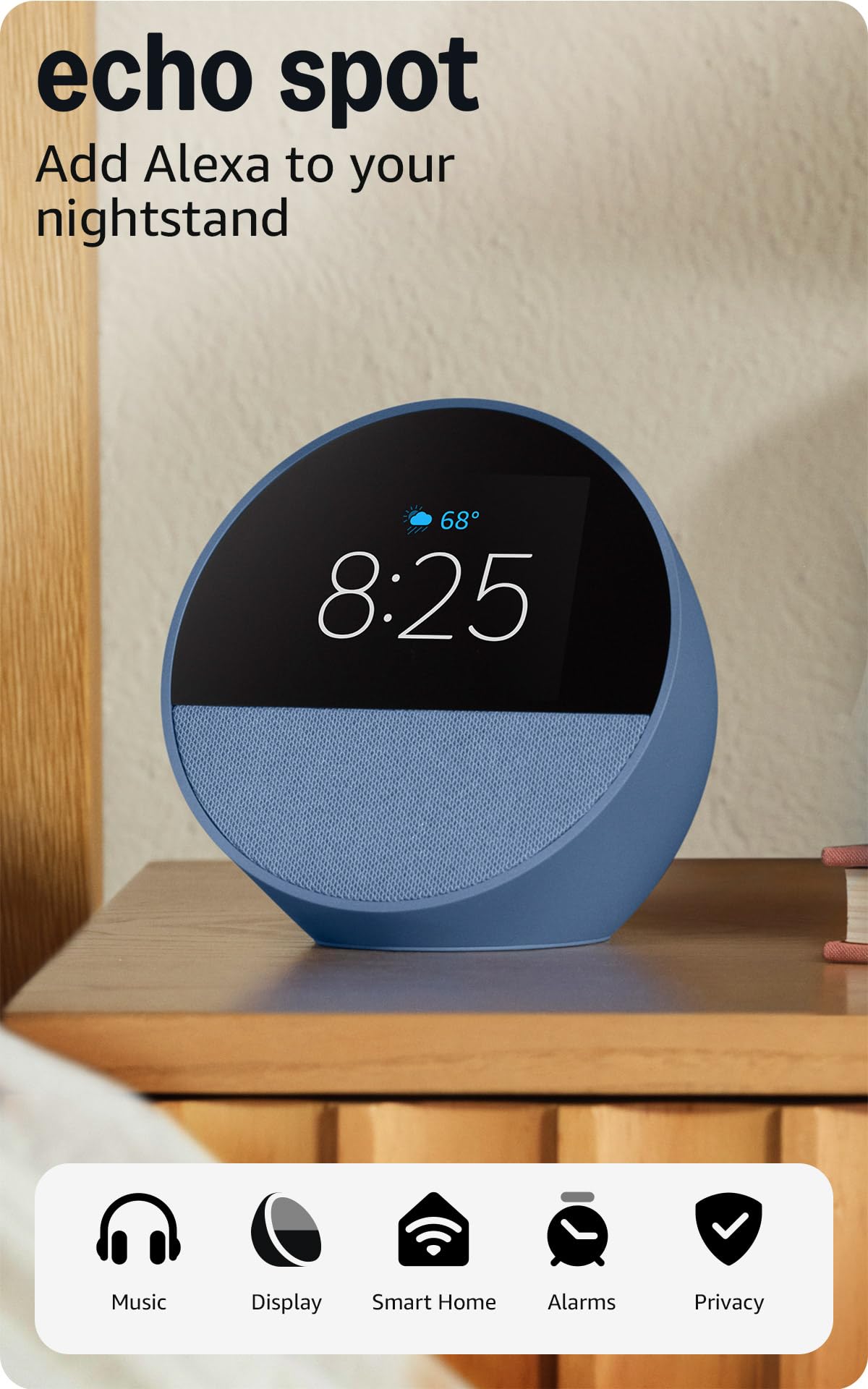 Amazon Echo Spot (newest model), Great for nightstands, offices and kitchens, Smart alarm clock with Alexa, Ocean BlueReducing CO2