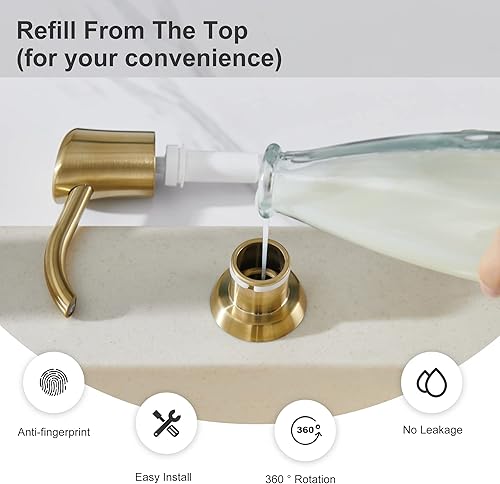 Miniatura 6 de GAGALIFE Dispensador de jabón integrado o dispensador de loción para fregadero de cocina, cabezal de bomba de ABS dorado cepillado, con botella de
