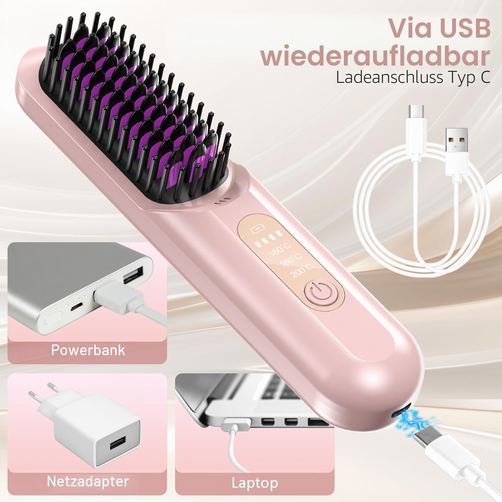 Anluomania Haarglätter Bürste, Kabellose Glättbürste, Glättungskamm 5000mAh, Tragbare Glättungsbürste für Reise 160-200℃, Negative Ionen Haarglätter Stylingbürste, Mini Glätteisen für Haarstyling