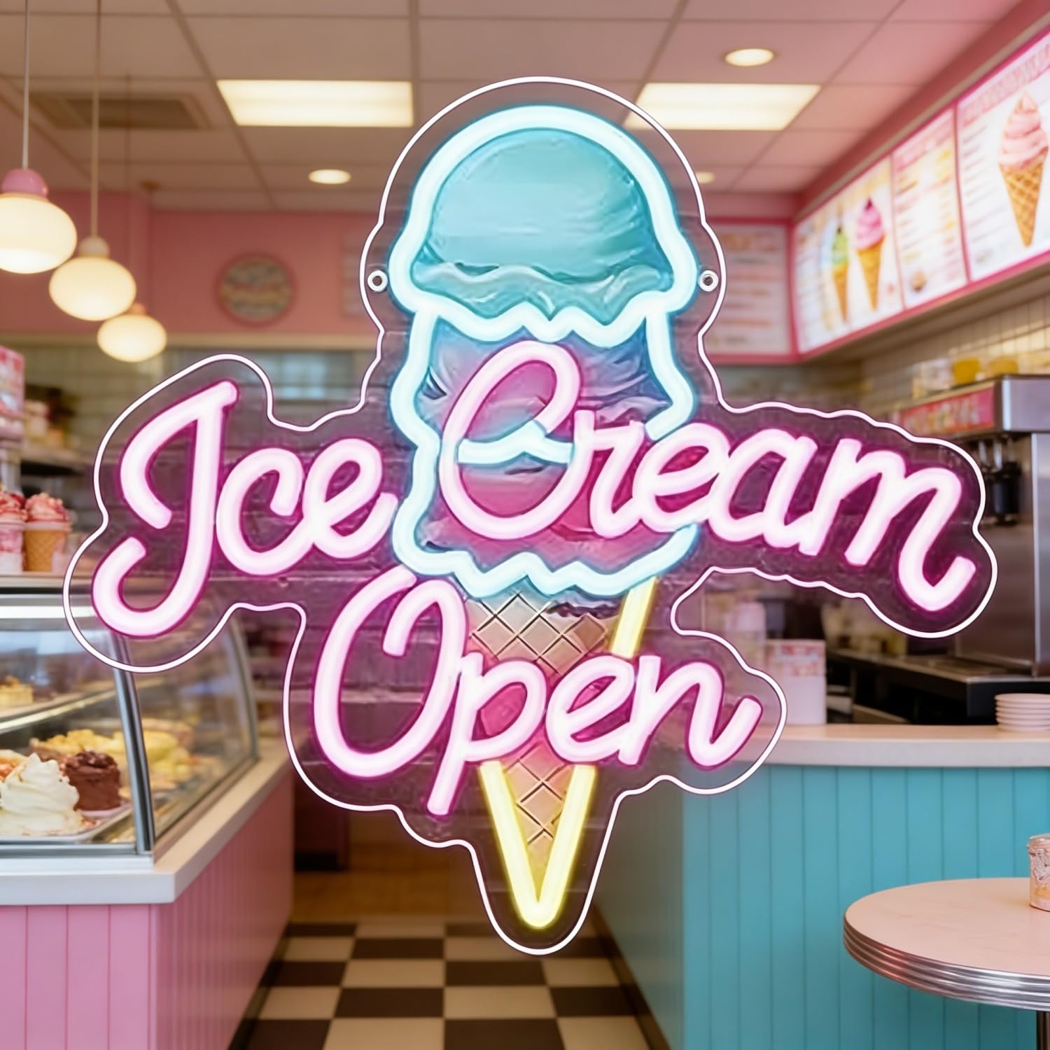 Ice Cream Neon Sign, Dimmable LED Neon Light for Ice Cream Shop, Snack Bar, Coffee Store Window Wall Decor, Business Art Decoration for Bedroom Party Background Display USB Powered