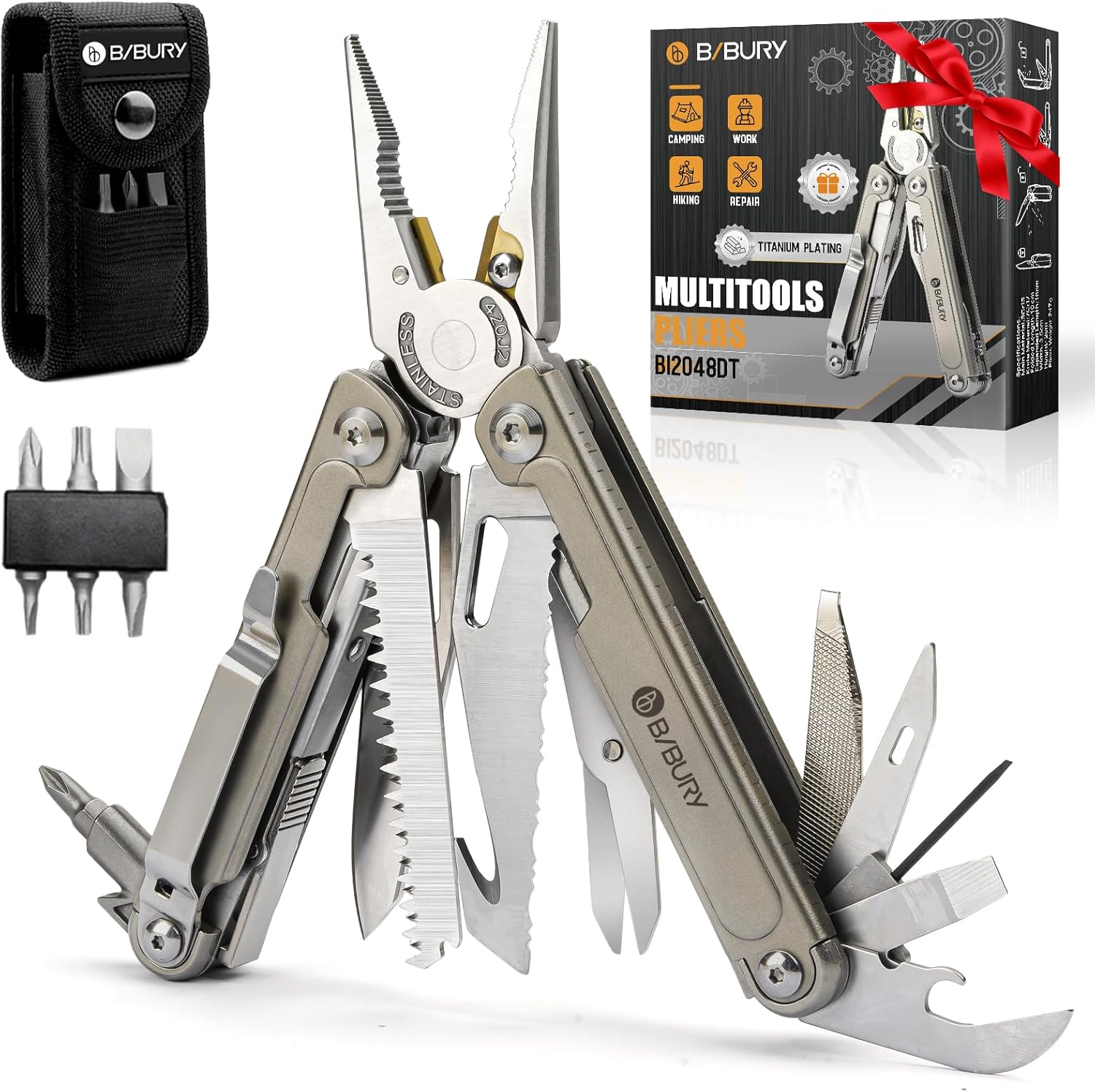 BIBURY Multitool, 24 in 1 Titanium Alloy Handle Multi-Tool Pliers with Pocket Knife and Screwdrivers, EDC Multi Tools with Sheath & Belt Clip, Valentines Day Gifts for Him – 2048DT