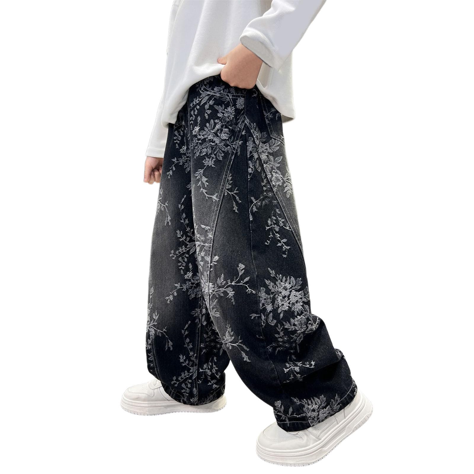 Genérico Vaqueros Elasticos Niño Pantalon Baggy Jeans con Bolsillos | rectos de pierna ancha, cómodos e informales, con tejido elástico, clásicos, de otoño y largos (Black, 11-13 Years)