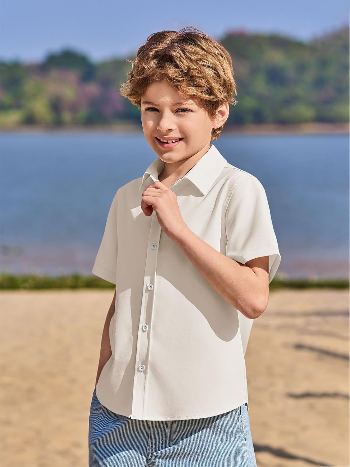 Haloumoning Boys Short Sleeve Dress Shirts Kids Summer School Uniform Button Down Shirt 5-14 Years - Image 3