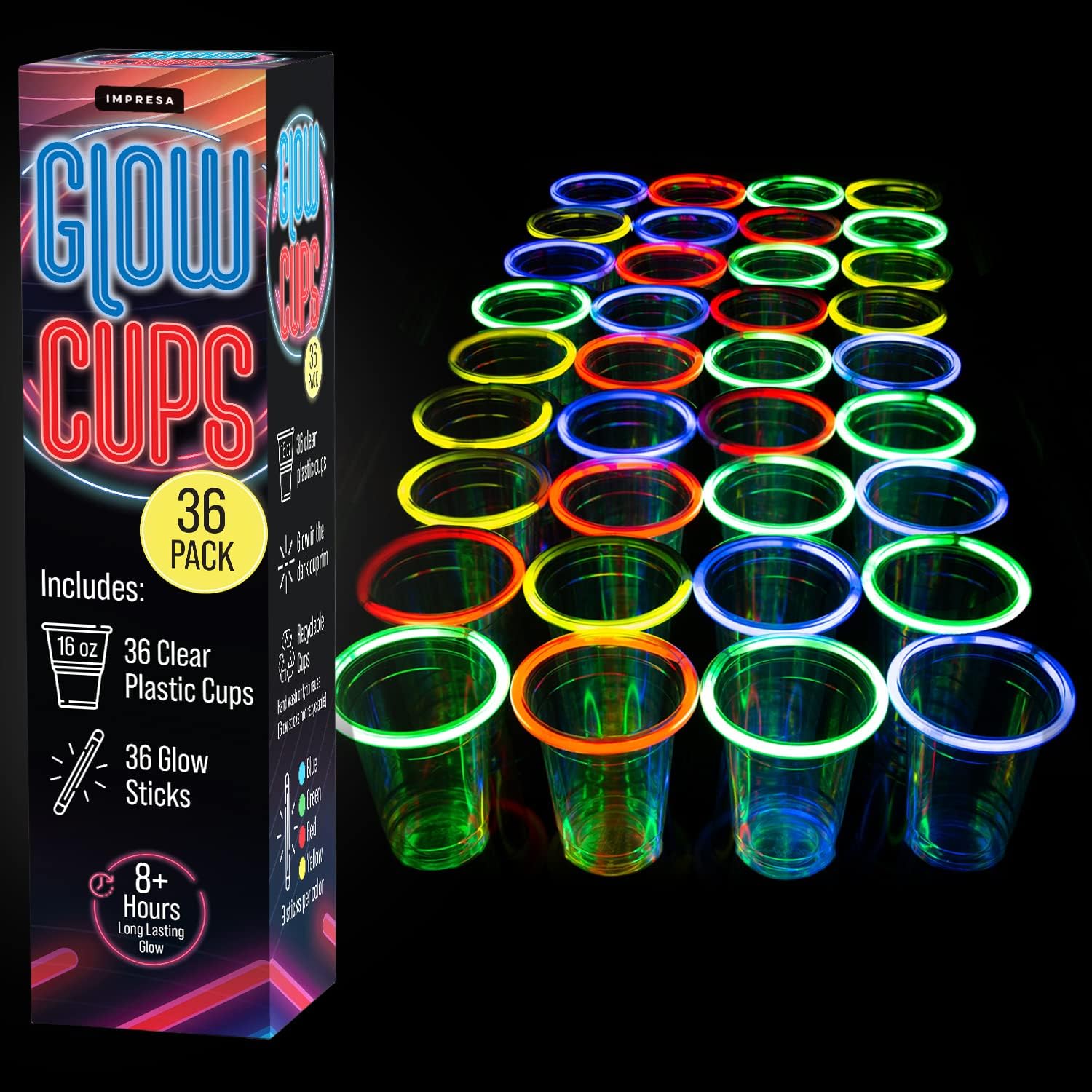 IMPRESA [36 Pack Glow Cups with Multi Color Neon Glow