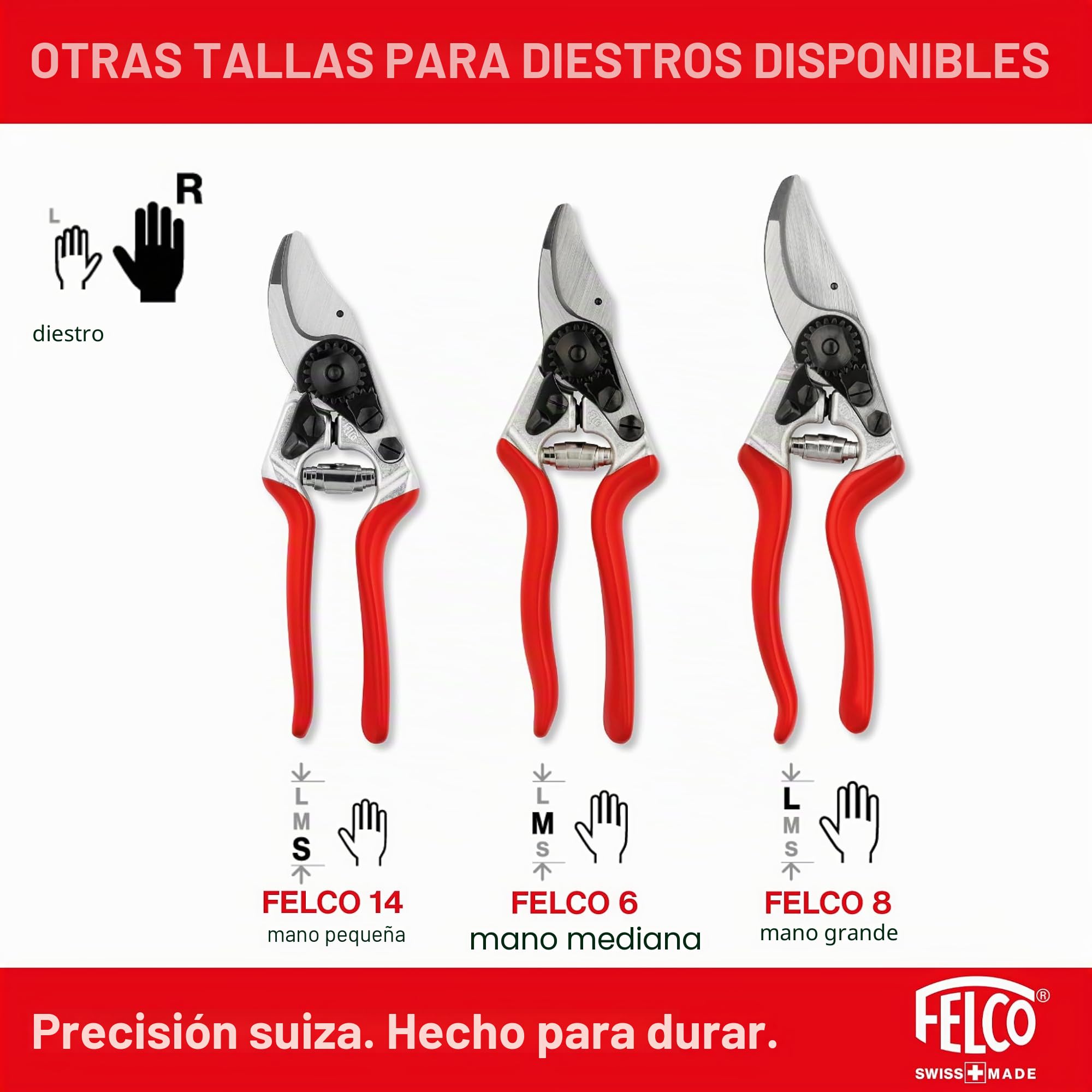 FELCO 13 tijeras de podar para diestros con manos grandes, corte 30 mm | Mango alargado para el agarre a dos manos y más fuerza en ramas gruesas. Aluminio forjado. Swiss Made.